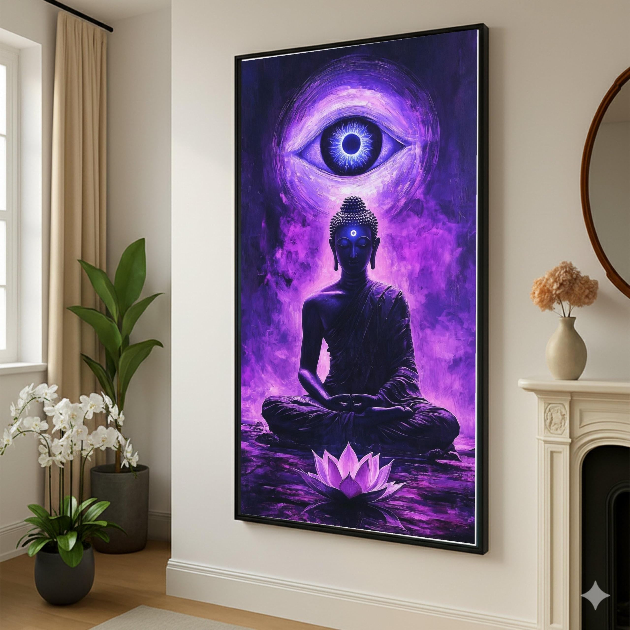 Buddha Meditation Canvas Wall Art, Third Eye Spiritual Painting, Purple Lotus Bloom, Zen Home Decor, Mindfulness Artwork (80 x 150 cm)