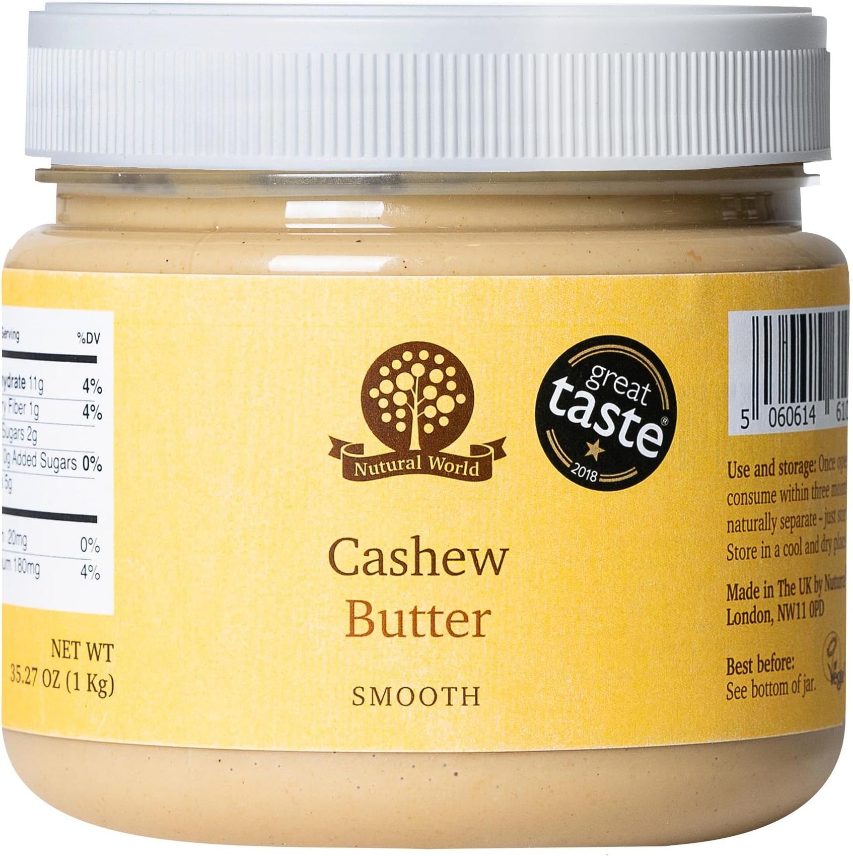 Nutural World - Smooth Cashew Nut Butter 35 Oz (1kg) - Great Taste Award Winner - 100% pure single ingredient