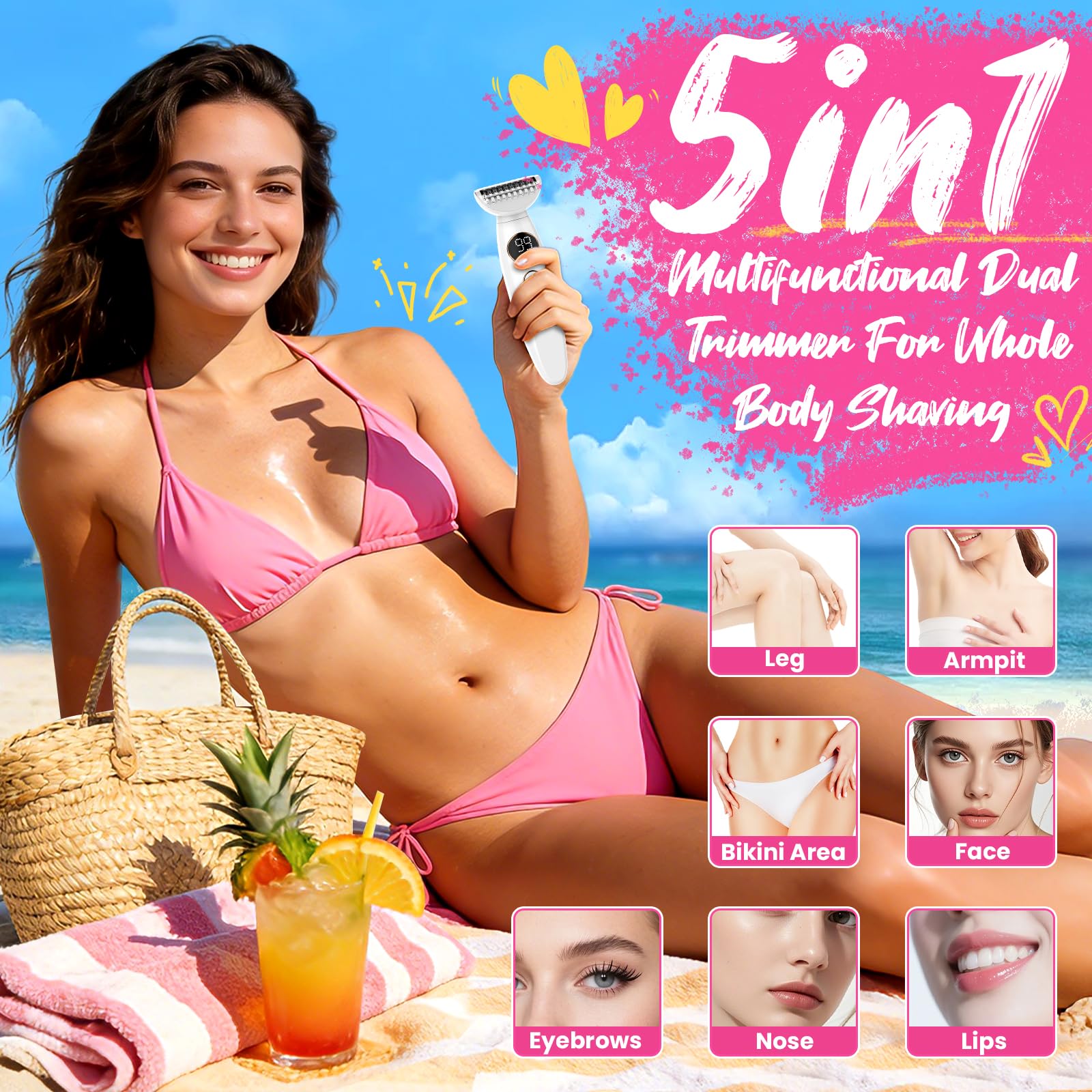 Rasoio da donna 5 in 1, rasoio elettrico da donna, a umido e a secco, impermeabile, con stazione di ricarica, per gambe, braccia, ascelle e trattamento del viso, rasoio intimo da donna