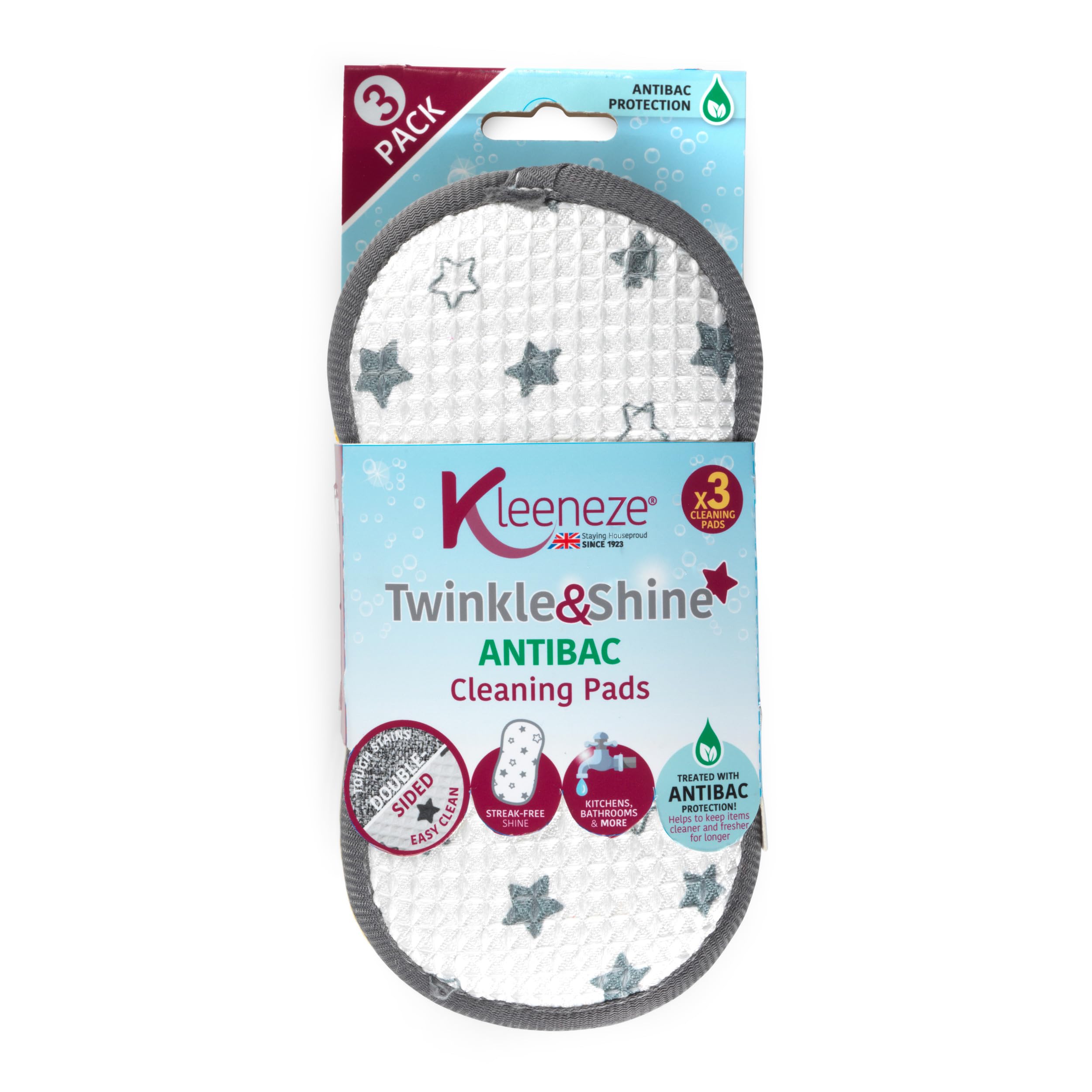 Kleeneze KL076472EU7 3-pak antybakteryjnych podkładek czyszczących z motywem gwiazd, dwustronne gąbki do czyszczenia, czyszczenie bez smug, do usuwania uporczywych plam, ergonomiczny kształt