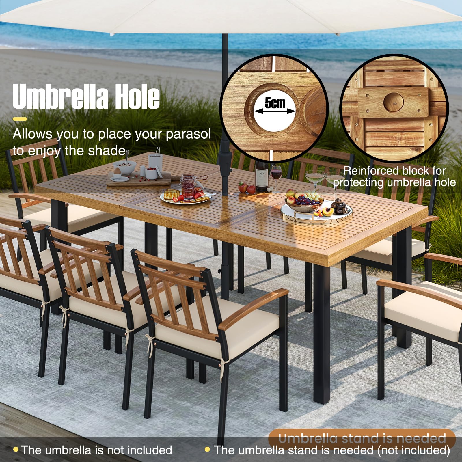 KOMFOTTEU Mesa de Jardín de Madera de Acacia, Mesa de Comedor con Agujero para Sombrilla, Mesas Rectangular para 8 Personas, 200 x 90/100 x 75 cm, para Terraza, Balcón, Patio (Modelo C)