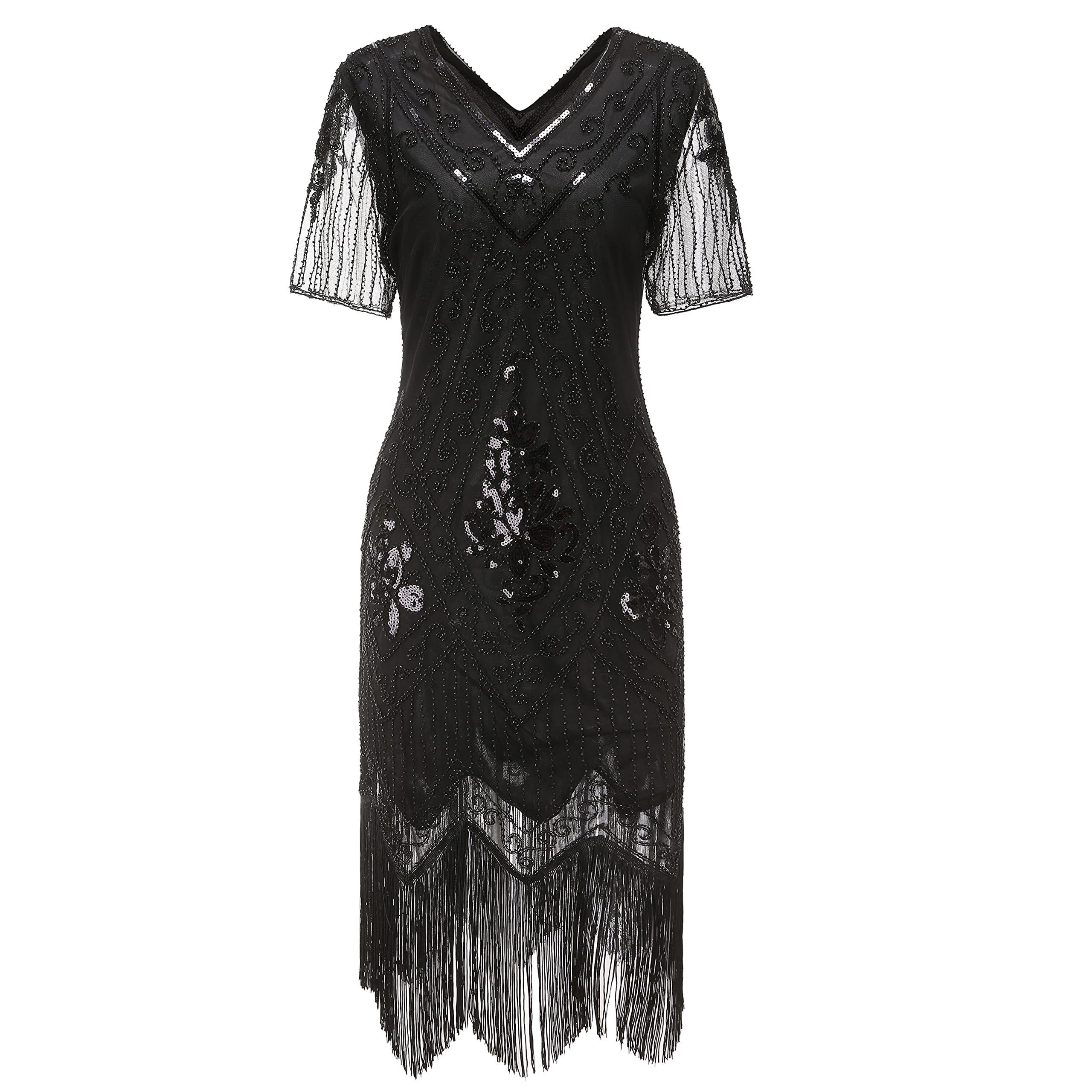 Gionforsy Damen 1920s Kleid mit Pailletten Kurzem Ärmel | V Hals, 20er Jahre Flapper Kostüm Kleid für Great Gatsby Motto Party Halloween Karneval Fasching