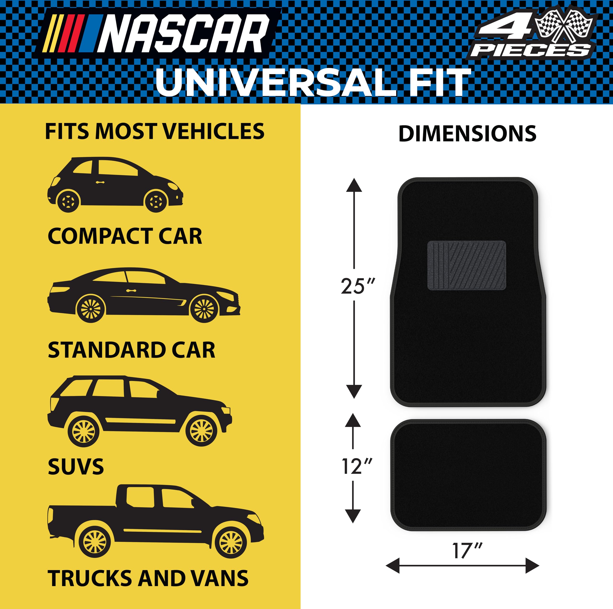 NASCAR Carpet Car Mats 4-Piece Car Mats Full Set Universal Fit for Cars Trucks SUVs All-Weather Protection Shielding — view 4