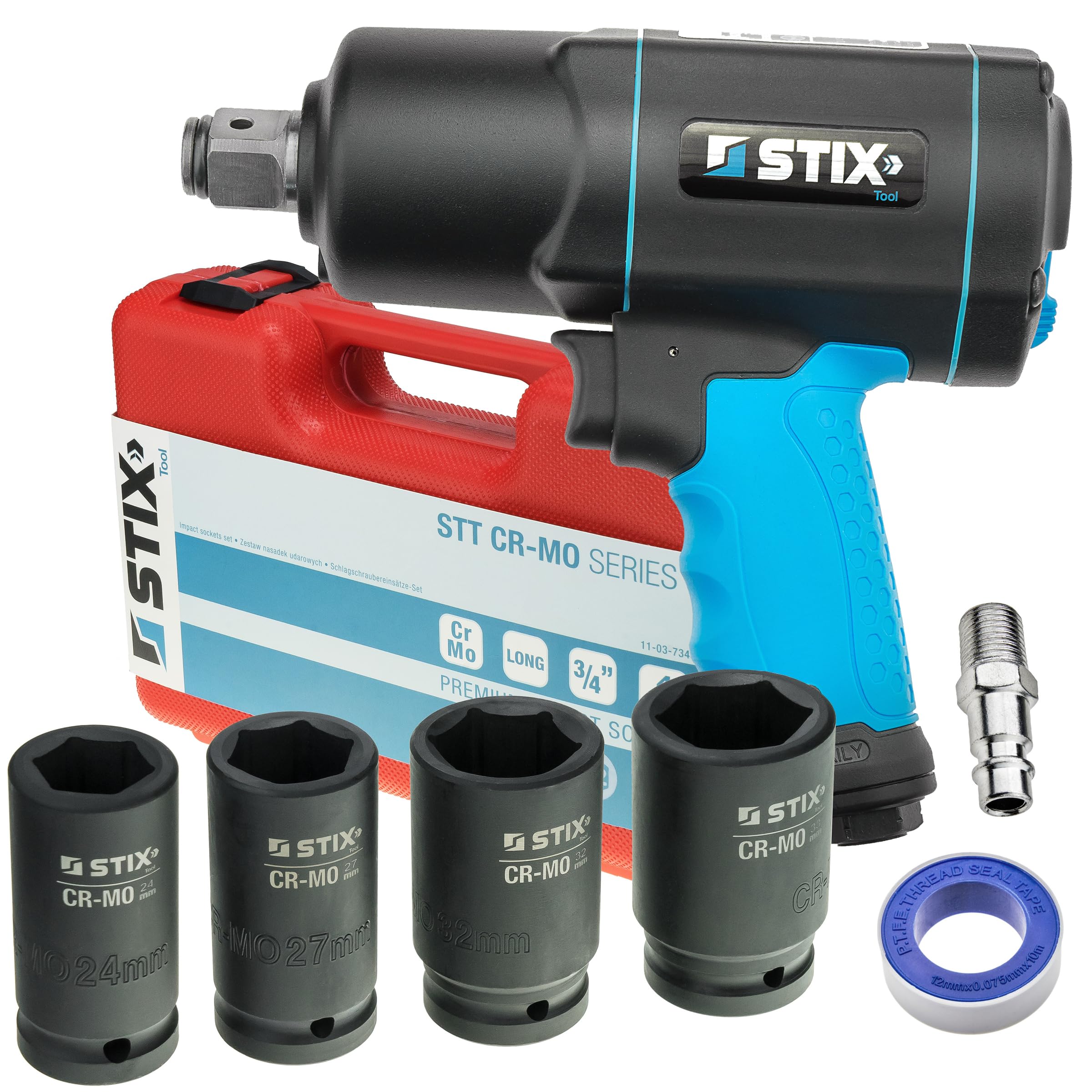 Avvitatore ad aria compressa 3/4" 2200 Nm + 4 bussole a percussione – Set professionale per camion e officina, meccanismo a doppio martello, dadi CR-MO