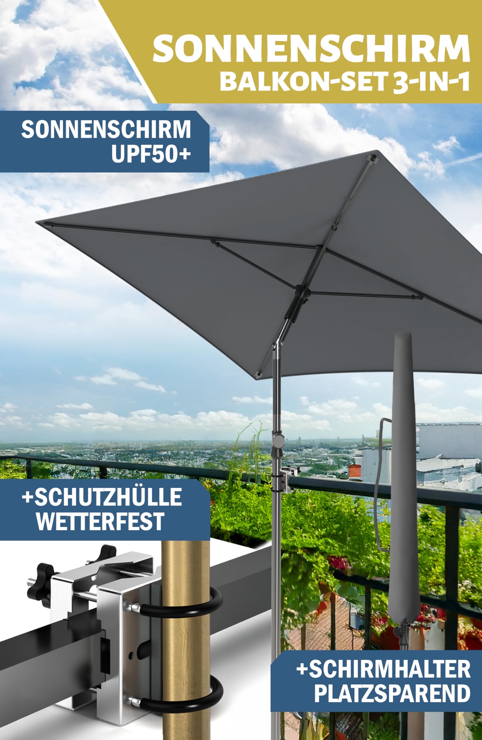 Menz Sonnenschirm Balkon - 3-IN-1 SET - UV50+ Sonnenschirm rechteckig 200x125 cm + Sonnenschirmhalter Balkongeländer + Sonnenschirmhülle - Sonnenschutz Balkon