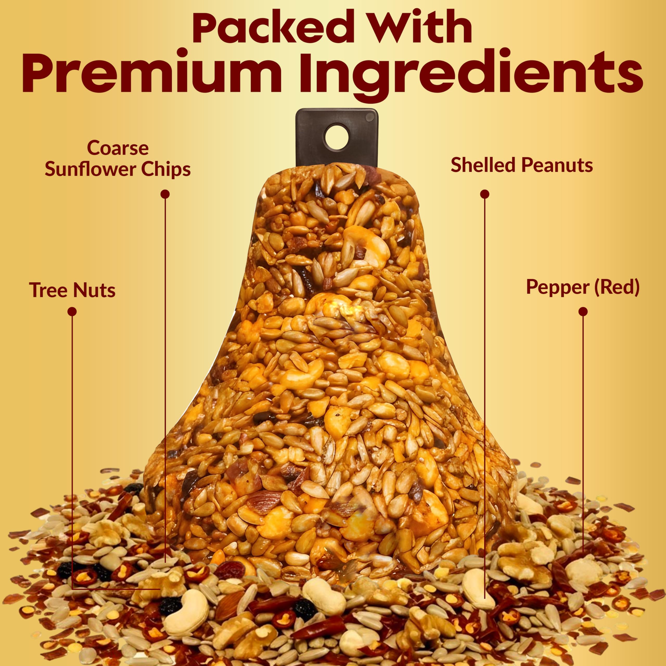 Hot Pepper Bird Seed Bell – Squirrel Proof Spicy Bird Seed Treat – Attracts Cardinals, Woodpeckers, Blue Jays, Chickadees & Songbirds – Long Lasting Hot Birdseed, All Natural, No Filler – USA Made - Detailed View