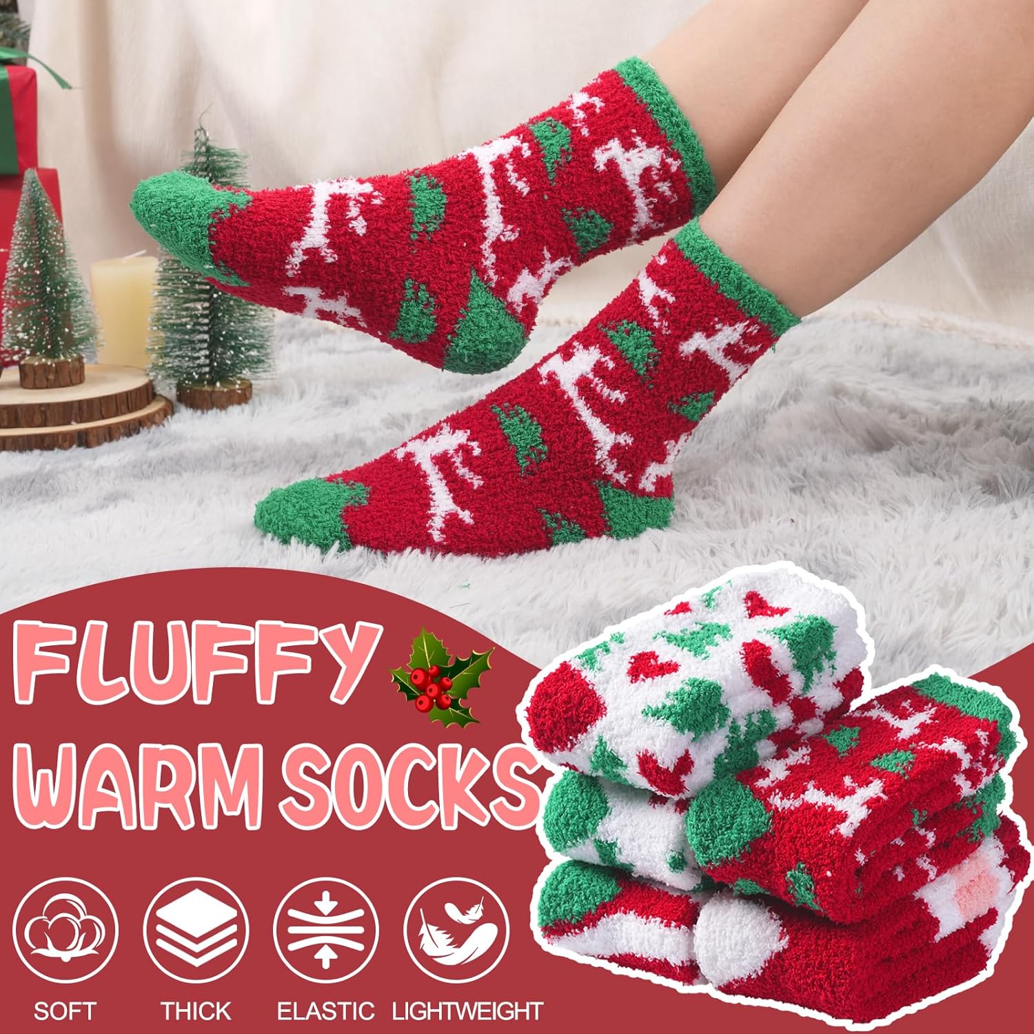 Fuzzy Socks for Women Cozy Warm Fluffy Winter Valentine's Day Gifts Slipper Plush Soft Spa Socks 5 Pairs - Image 3