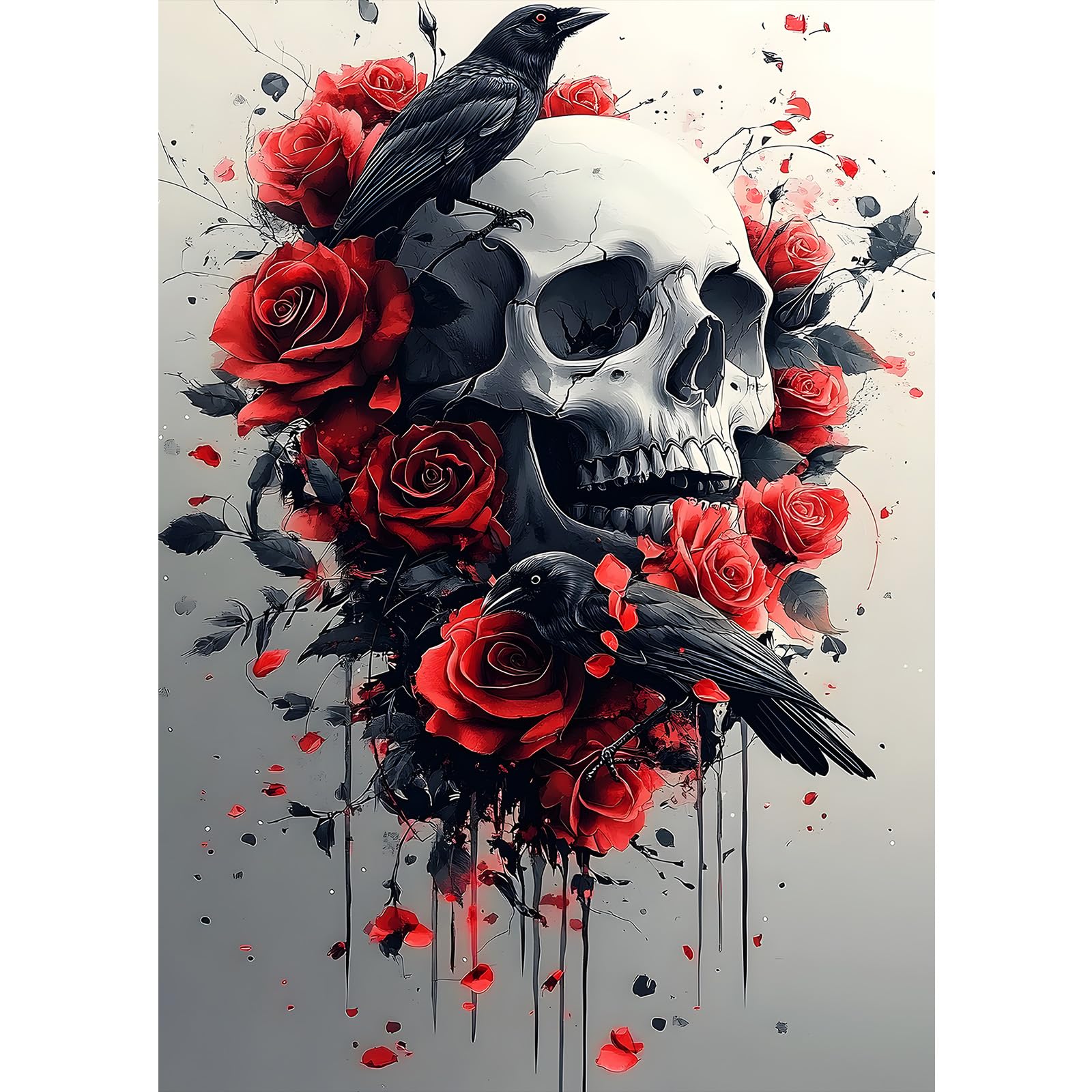 MXJSUA Skull Roses and Crows Diamond Painting Kits for Adults, 5D Diamond Art Kits for Beginners, DIY Full Round Drill Picture with Diamond for Home Wall Decor, 30x40cm