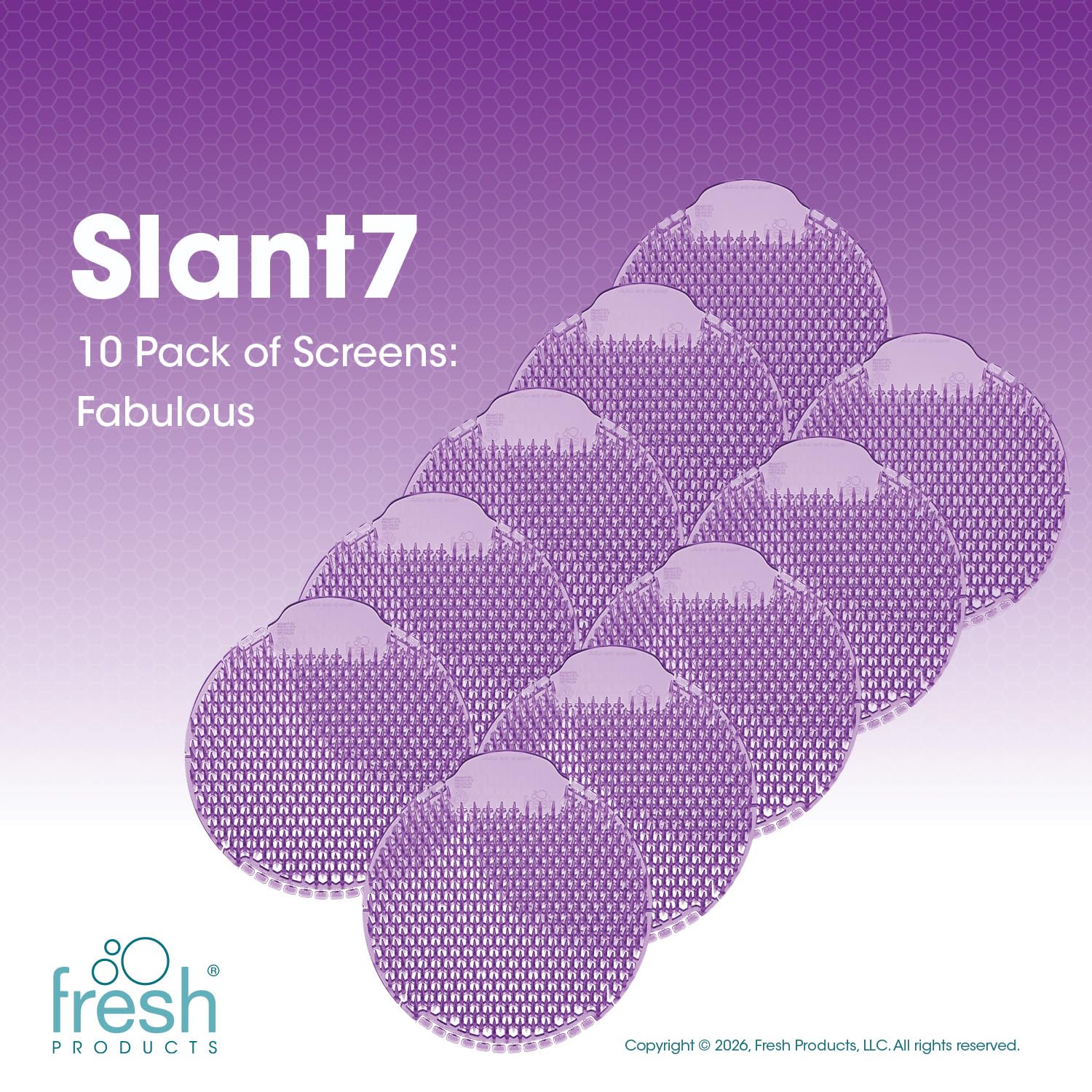 Fresh Products Slant7 Urinal-Sieb, beste Spritzschutz, einfache Installation, langanhaltender Duft, fabelhaft, lila, hergestellt in den USA, hält für 30 Tage, 10 Stück