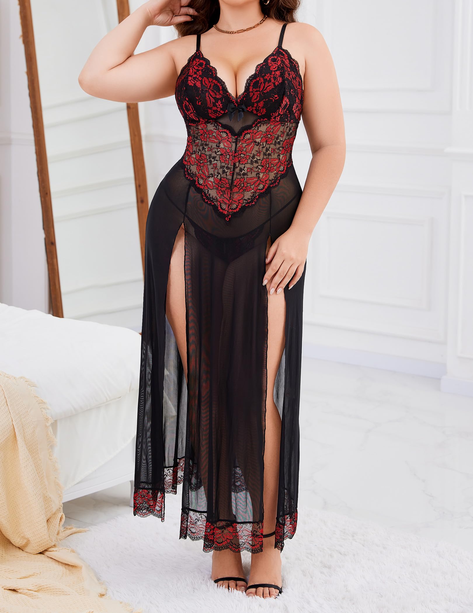 Alrovetoney Plus Size Lingerie For Women Babydoll Sexy Mesh Maxi Nightdress Exotic Sleepwear Side Slits: Black & Red 3X-Large