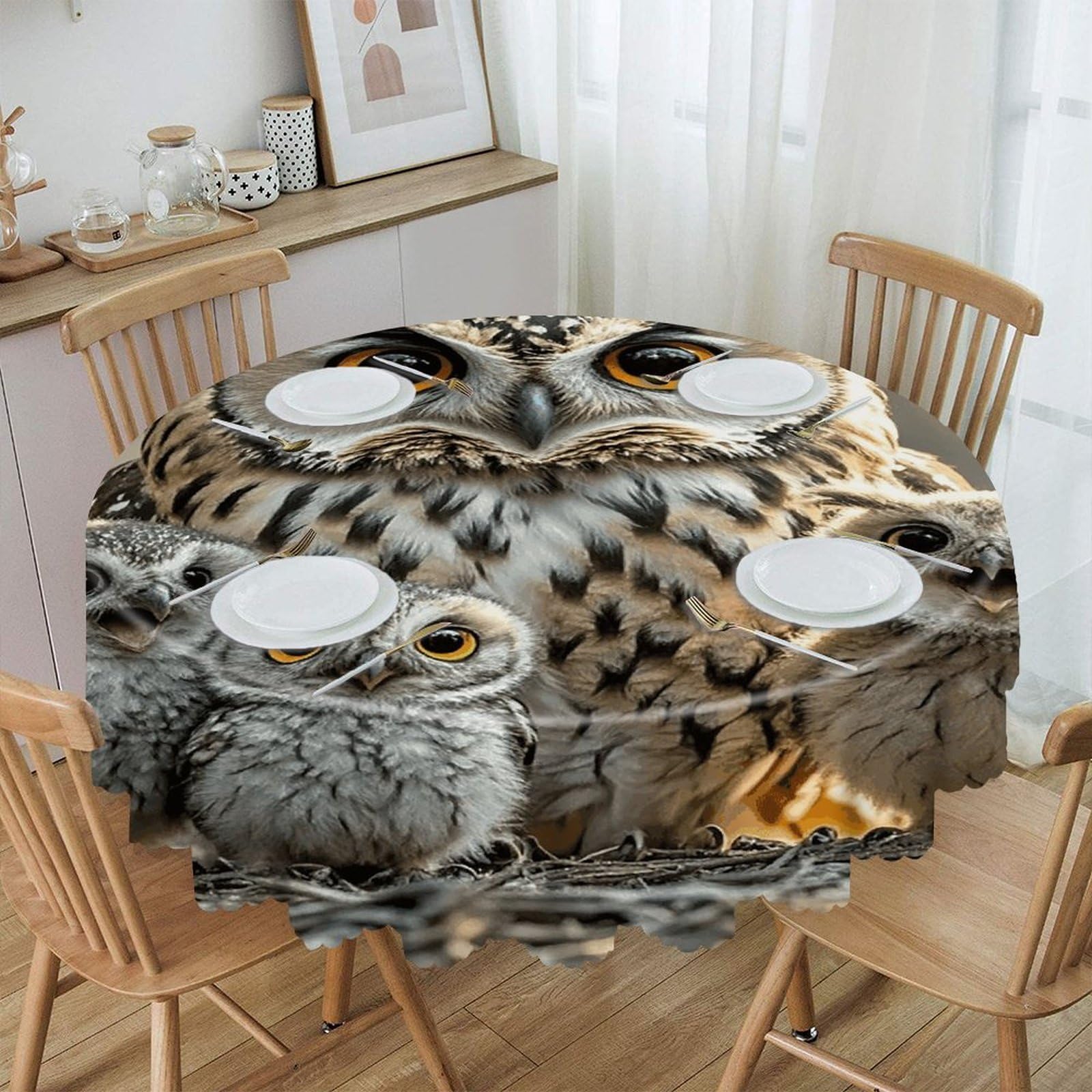 LZQPOEAS Owl Birds Round Tablecloth Rustic Circle Table Cloth Wrinkle Resistant Decor Tablecloth Waterproof Washable Table Cover for Kitchen Party Dining Table 60 Inch