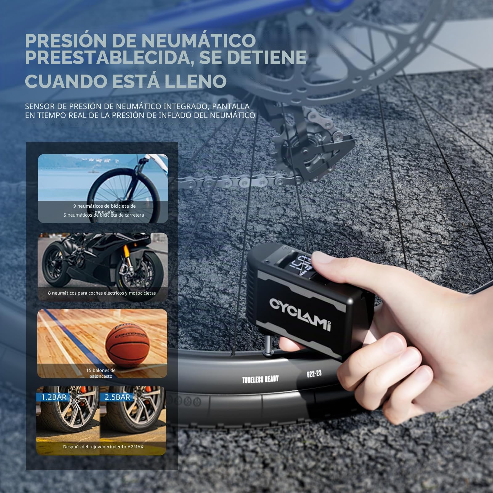A2MAX Bomba de Bicicleta 150PSI Mini Eléctrico de la Bicicleta con Manómetro Digital Bomba Portátil Parada Automática con Válvulas Presta y Schrader para Bicicletas de Carretera y de Montaña