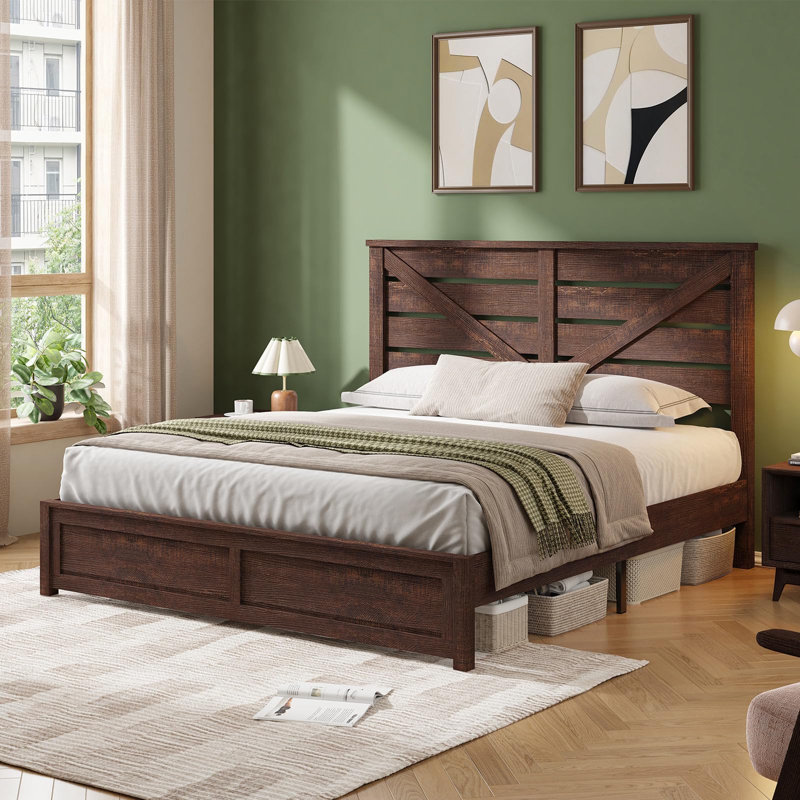 LUXOAK King Size Farmhouse Wooden Bed Frame, Platform Bed Frame with 49.2" Headboard/No Box Spring Needed/Noisy Free/Easy Assembly/Brown