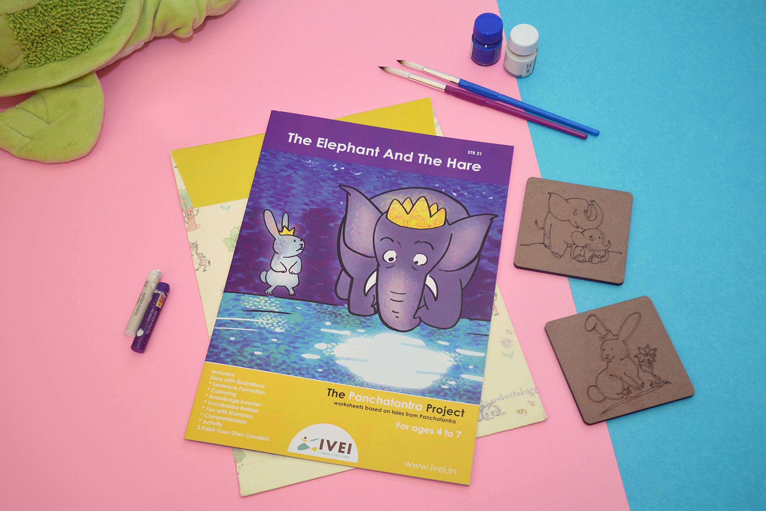 IVEI Panchatantra Story Kids Learning Book - Workbook and 2 DIY Coasters - Colouring Activity Worksheets - Creative Fun Activity and Education for Kids - The Elephant and The Hare (Age 4 to 7 Years) - Image 2 thumbnail