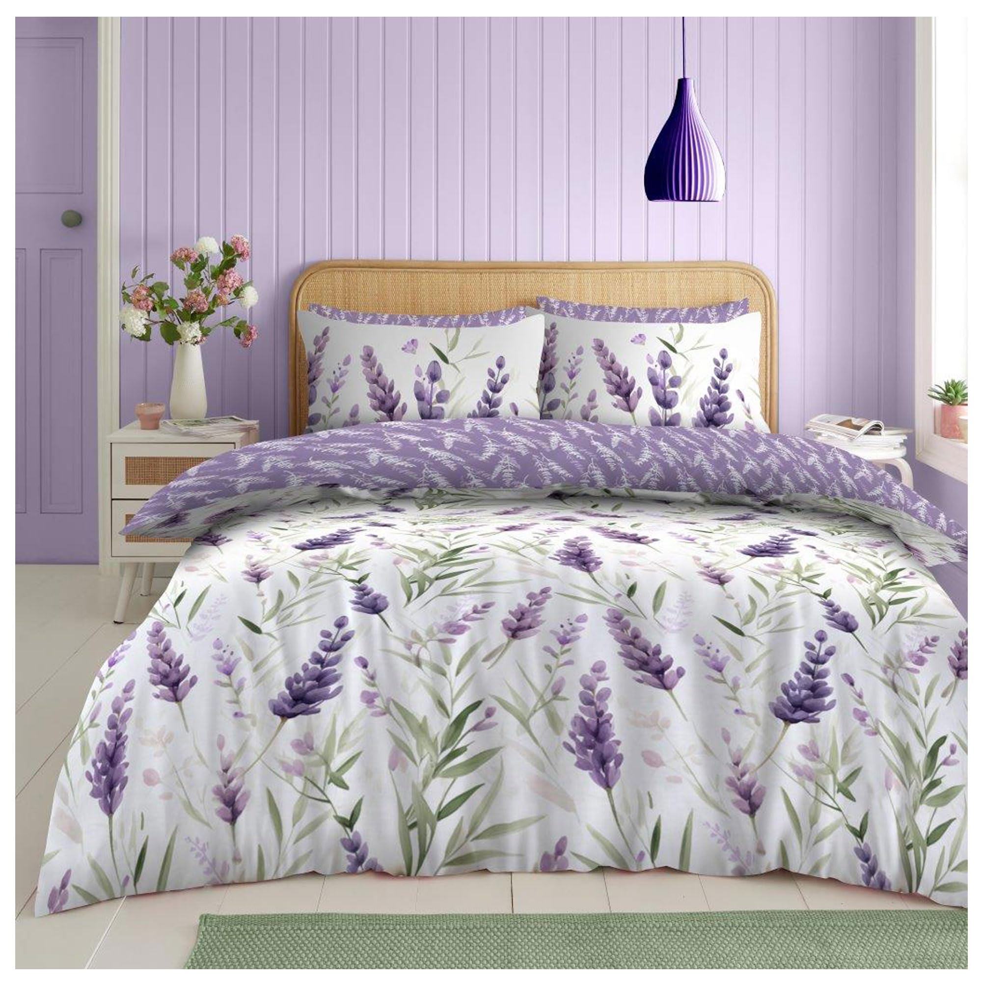 Lions Purple Bedding Sets - Duvet Cover Double Bed with Matching Pillowcase, Reversible Blossom Floral Quilt Covers, 3 Piece Poly Cotton, Easy Care, 200x200cm