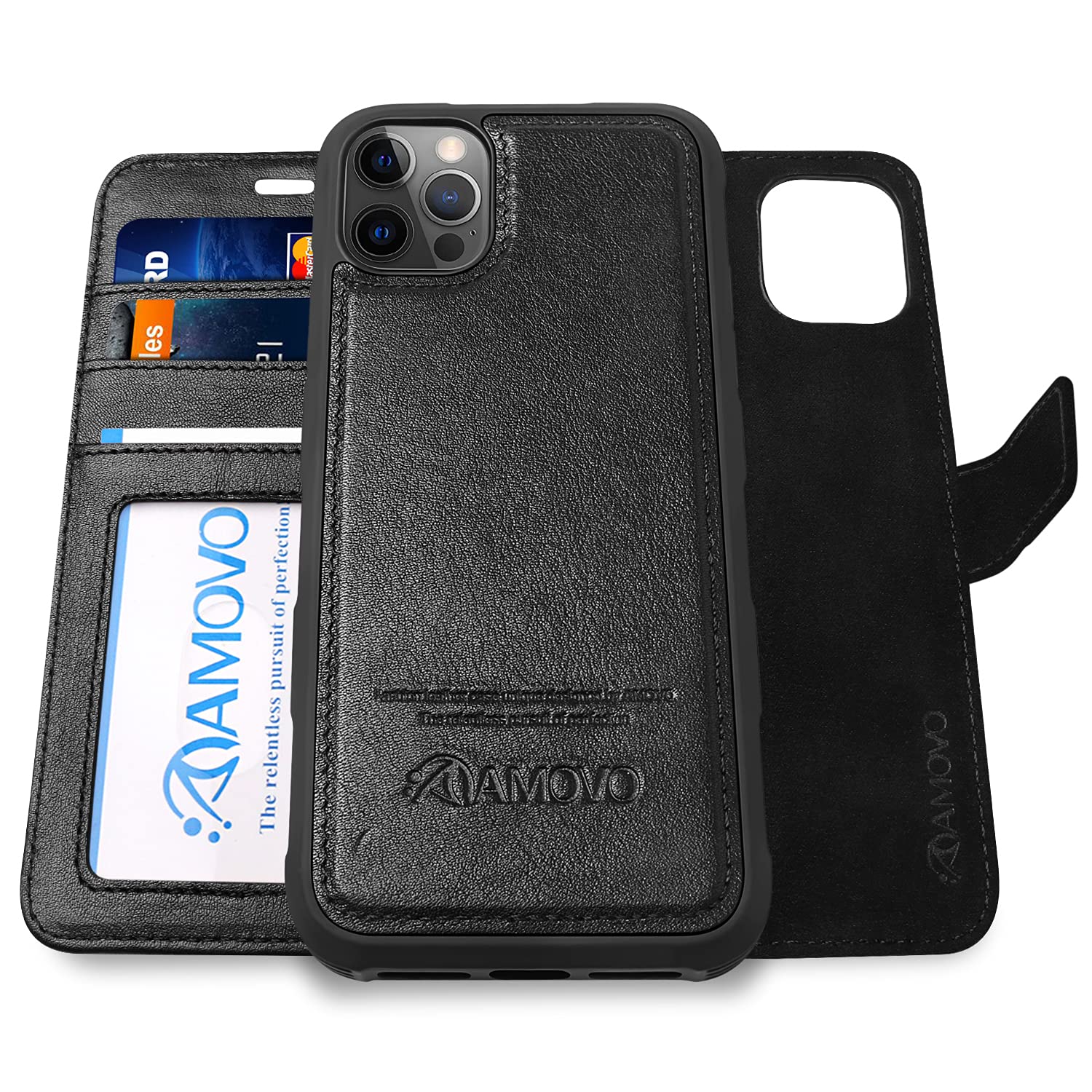 AMOVO Genuine Leather Case Compatible with iPhone 13 Pro Max Case Wallet Leather Magnetic Case[Wireless Charging] Detachable Case [Car Holder Function] (for iPhone 13 Pro Max, Real Leather Black)