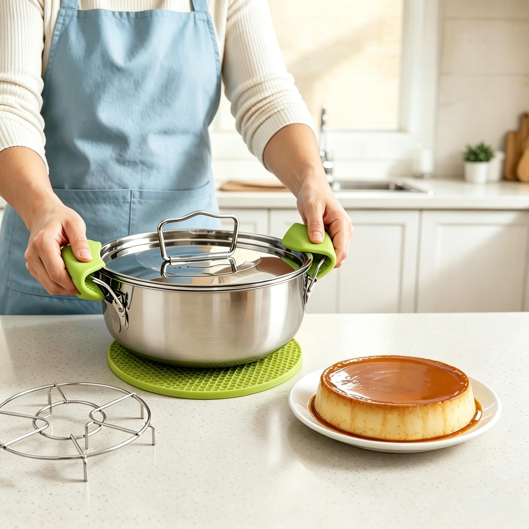 Juego de 6 moldes para flan, sartén de acero inoxidable con estante, almohadilla térmica de silicona, mini guante de horno, molde de flan de flanera de 1,786 g con tapa para olla instantánea de 3, 6