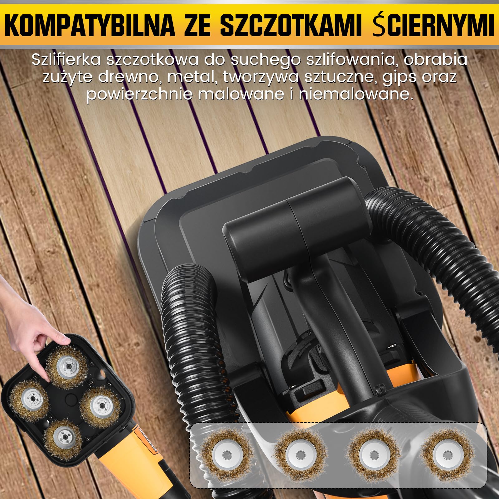 XIIW Szlifierka do posadzek 3800W z 4 tarczami diament. 100mm, 6 biegów | Frezarka do betonu z systemem odpylania suchy/mokry, 6000 RPM – szlifowania, wyrównywania i polerowania kamienia kleju tynku