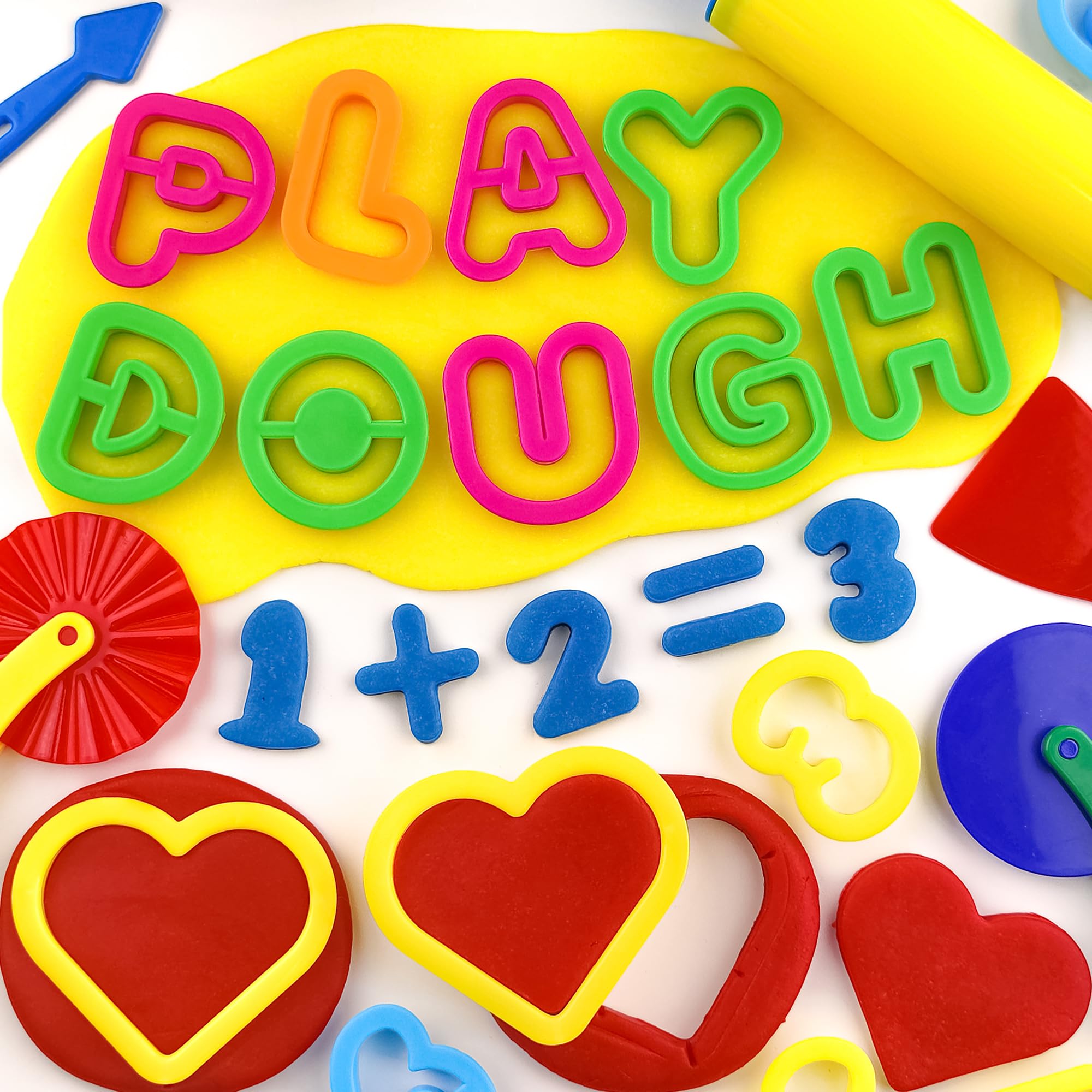 Oun Nana Playdough Tools Set 57 PCS Plastic Playdough Toys Accessories with Play Dough Alphabet Letters and Numbers Cutters, Rolling pin, Rollers, Dough Extruder, Safety Scissors, Plastic Knife - Image 4