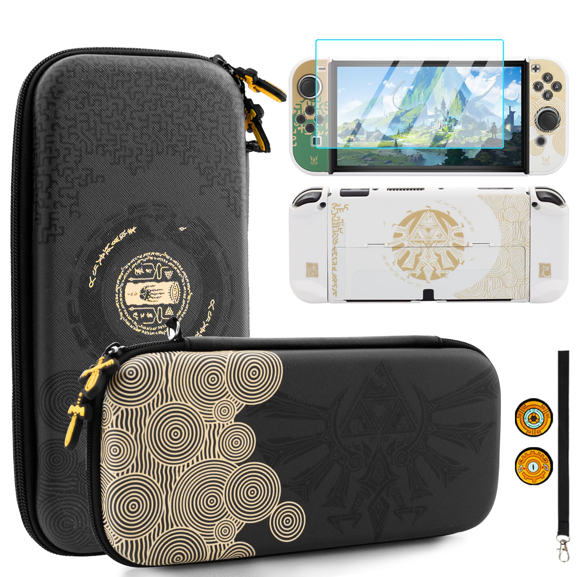 HYPERCASE Black Carrying Case Compatible with Nintendo Switch OLED, with Shockproof Protective Cover of Zelda Tears of The Kingdom, Glass Screen Protector, 2 Thumb Caps, and Wrist Strap