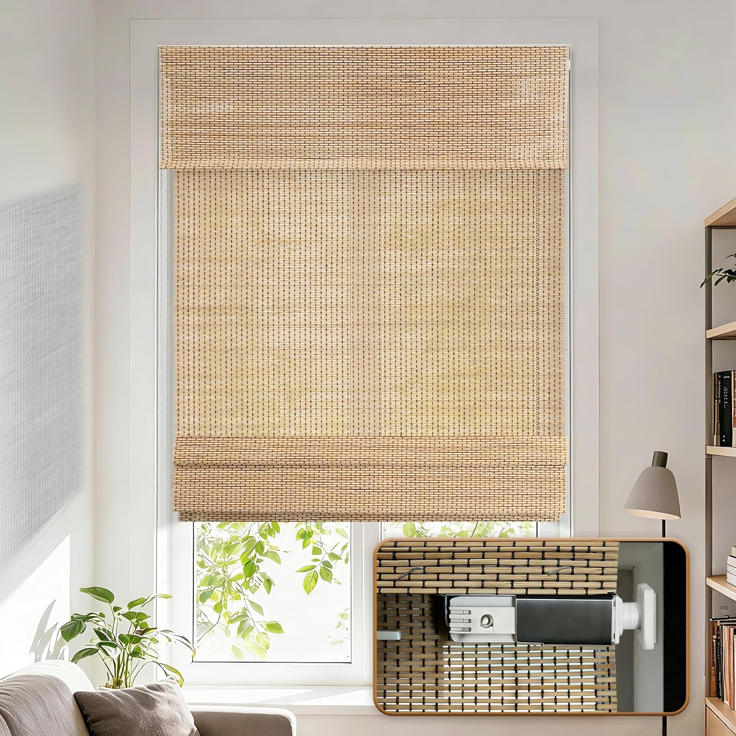 No Drill Cordless Bamboo Roman Shade, 20x48 in, Nature | Light filtering woven wood for visual privacy, zero tool easy installations for bedroom and nursery