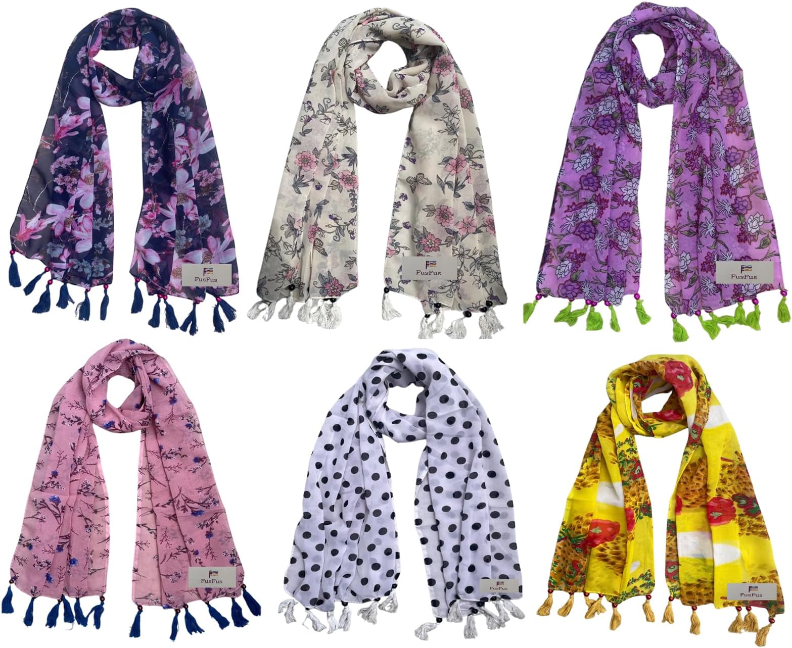 Women's Printed Chiffon Scarves and Stoles, Free Size(Multicolour, FS2380) - Pack of 6