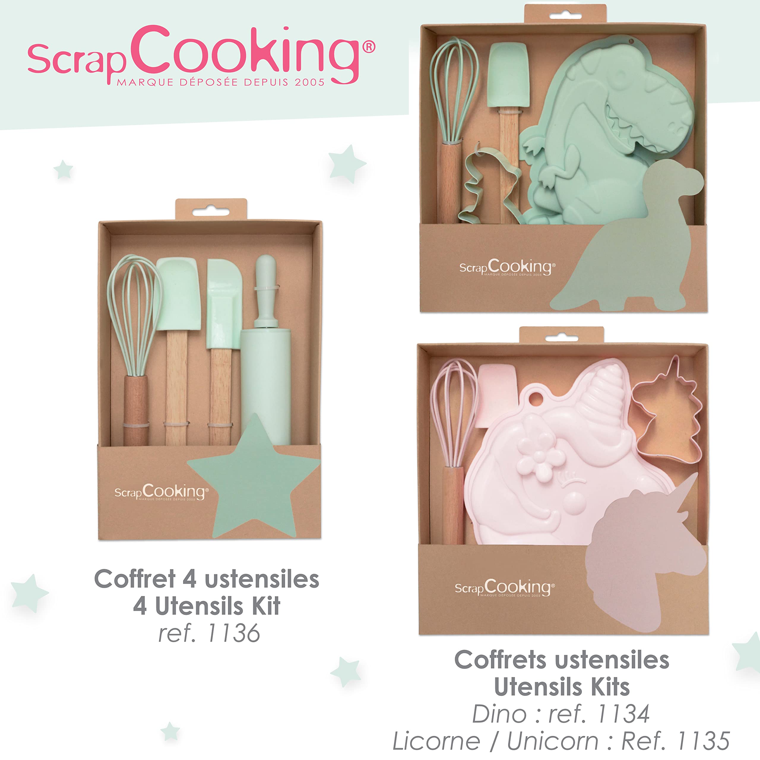 ScrapCooking Coffret Pâtisserie Licorne Enfants 4 Ustensiles Fouet Cuillère Moule Découpoir Bois Silicone Inox