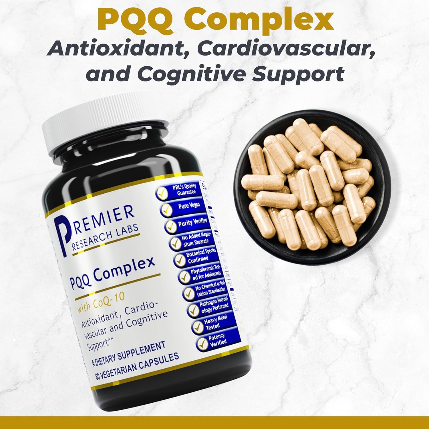 Premier Research Labs Premier PQQ Complex with CoQ10 - Coenzyme Q10, Co Q 10 Supplement with Pyrroloquinoline Quinone (PQQ) for Antioxidant, Brain & Heart Support - 60 Vegetarian Capsules
