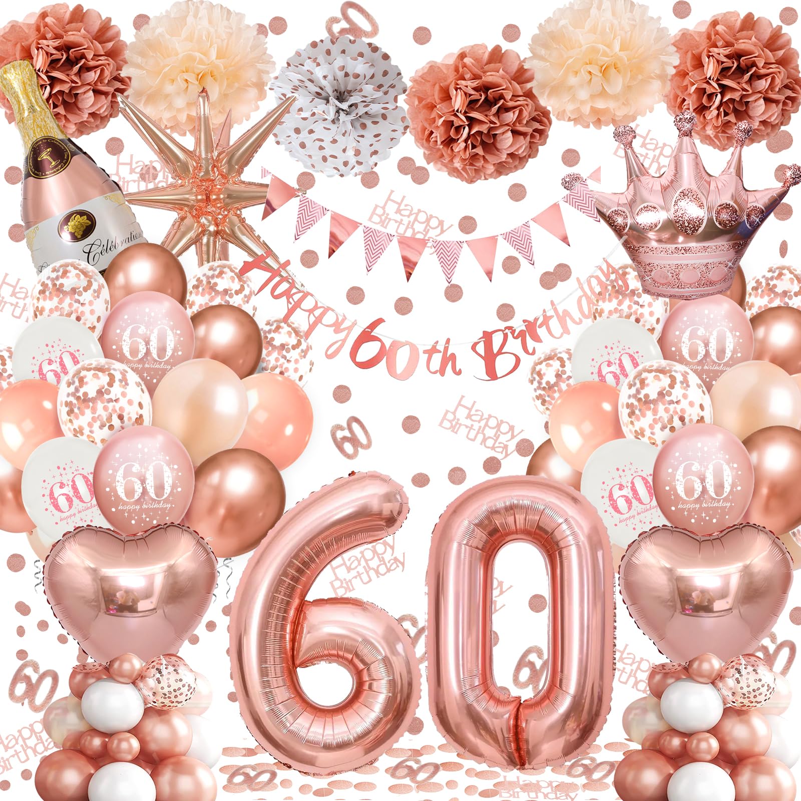 60th Birthday Balloons Rose Gold, Banner, Triangle Flag, 60th Birthday Decorations, Rose Gold Party Decorations Set, Latex, Heart, Crown And Numbers Balloons, Confetti, Paper Pom Poms