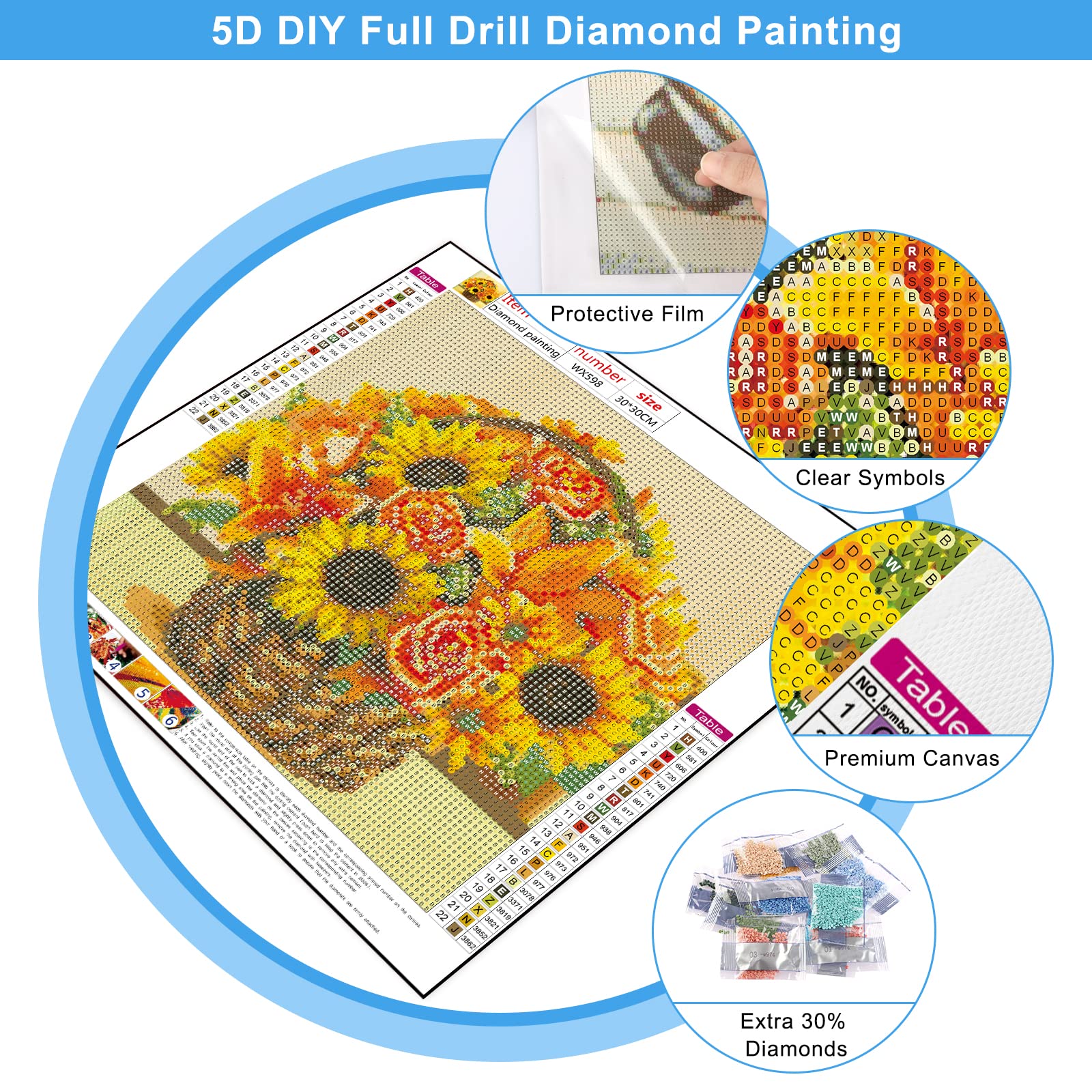 MXJSUA Diamond Painting Gatto Diamond Painting Bambini, Kit per Diamond Painting, Diamond Painting Kit Completo, Pittura Diamante 5D, Decorazione per Casa e Pareti 30x30cm Cesto di Girasoli