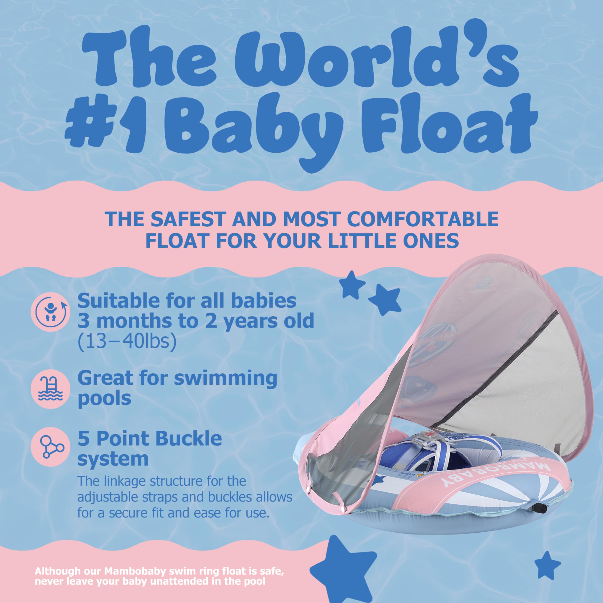 MAMBOBABYFLOAT Light Traveler 2025 — Safe, Comfortable, Adjustable Baby Pool Float with Canopy — Sun Protection, Self-Inflating, 5-Way Buckle System (Hot Air Balloon, Blue)