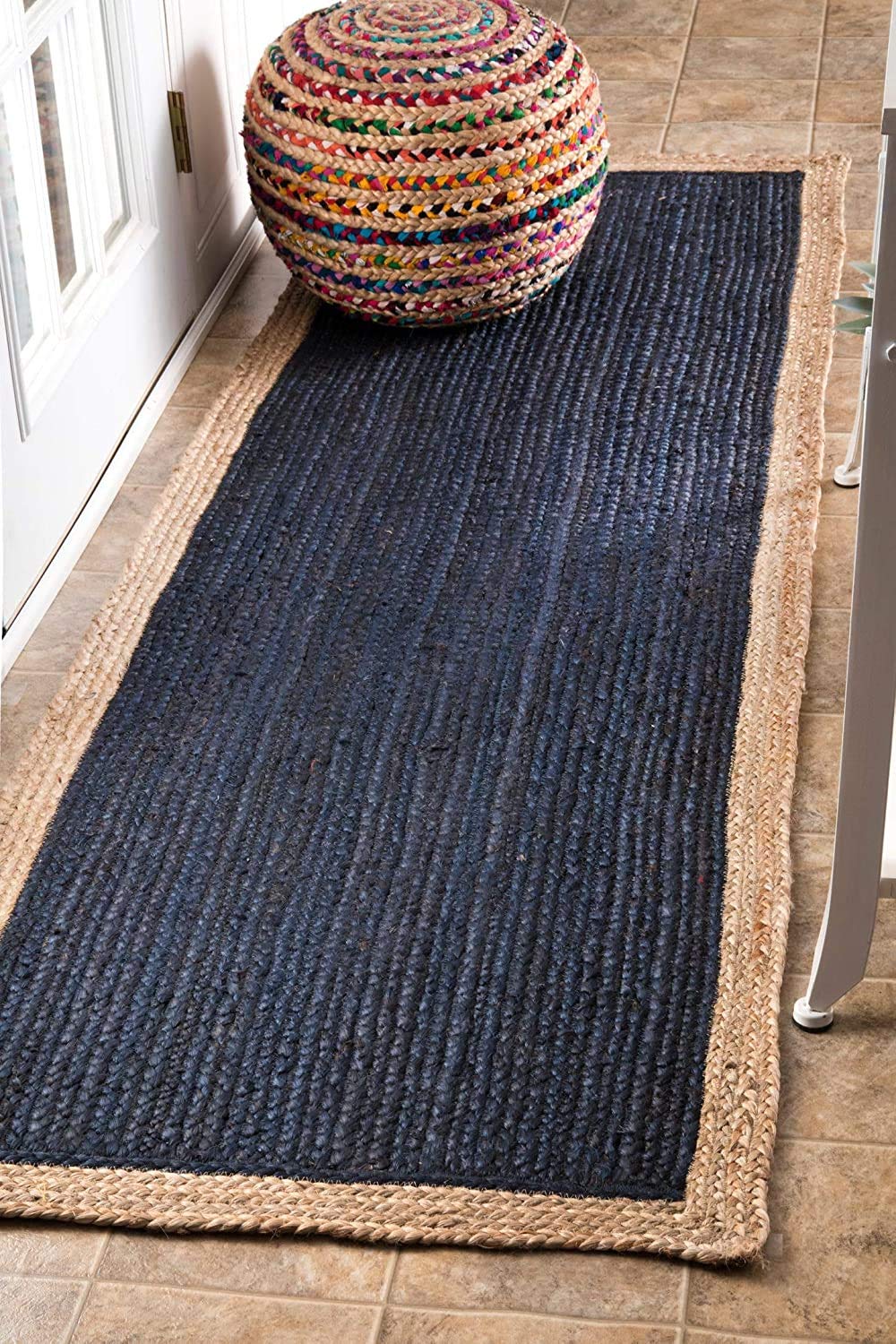 Alfombra india hecha a mano de yute natural, color azul marino, alfombra para exteriores, tamaño de la alfombra: 60 cm x 150 cm