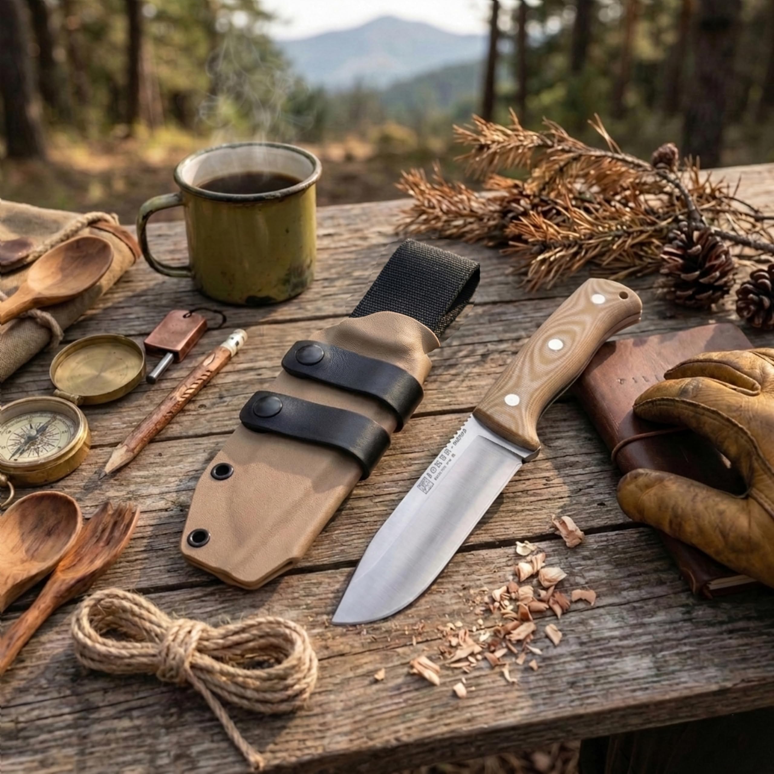 Joker Nomad Outdoor-Messer mit Böhler N695 Stahl, Micarta-Griff und Kydexscheide, feststehendes Bushcraft Messer für Camping, Trekking, Wandern und Outdoor Aktivitäten (13 cm, Ohne Feuerstarter)