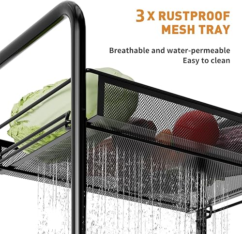 Miniatura 5 de Carrito de metal de 3 niveles con ruedas, con cestas, fácil de transportar y montar con práctico cubo y ganchos, negro MRC02B