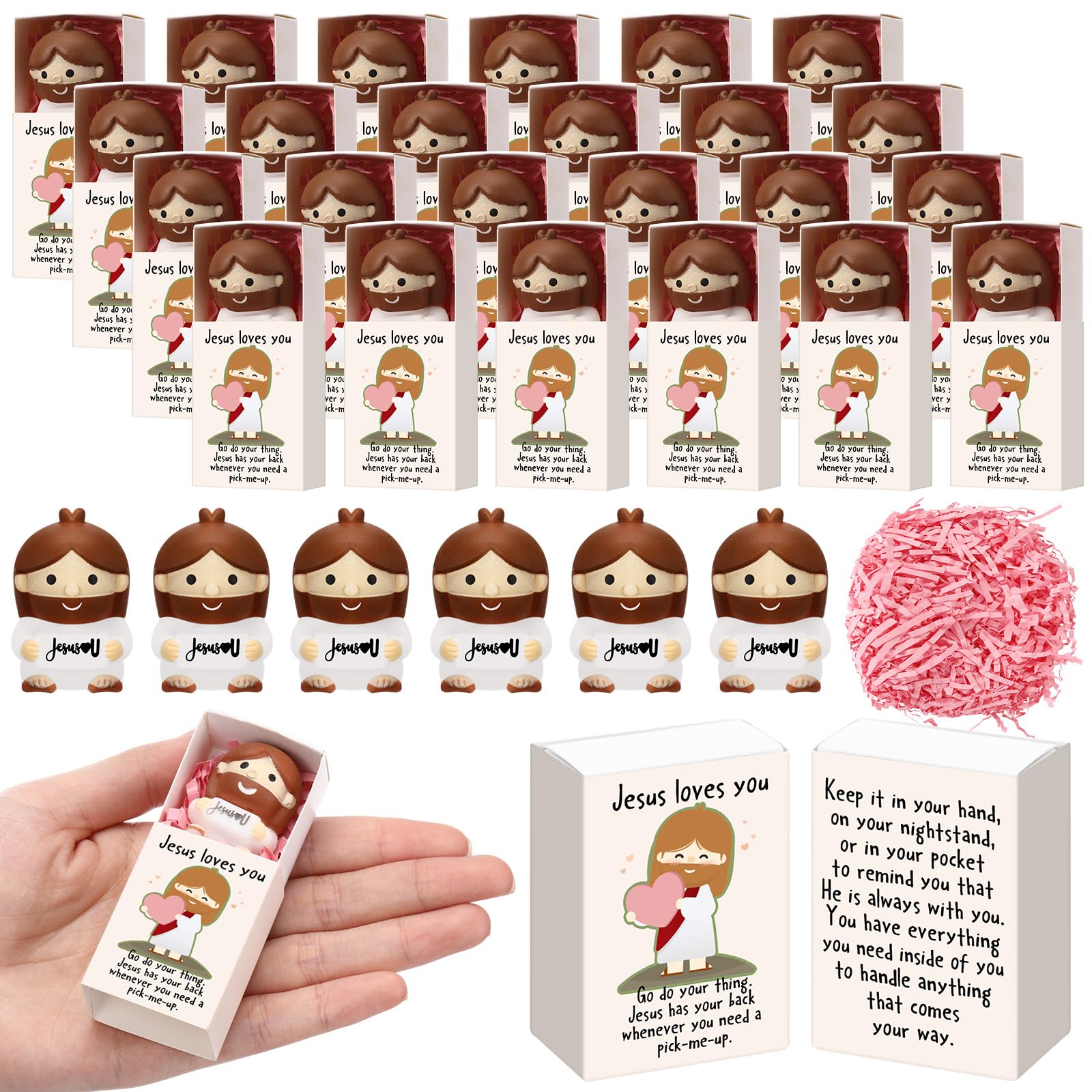 Wettarn 30 Sets Jesus Loves You Gifts Jesus Figures Stress Balls with Support Boxes for Christian Religious Church Stuffers Faith Desk Decor Christmas Valentines Day Party Favors