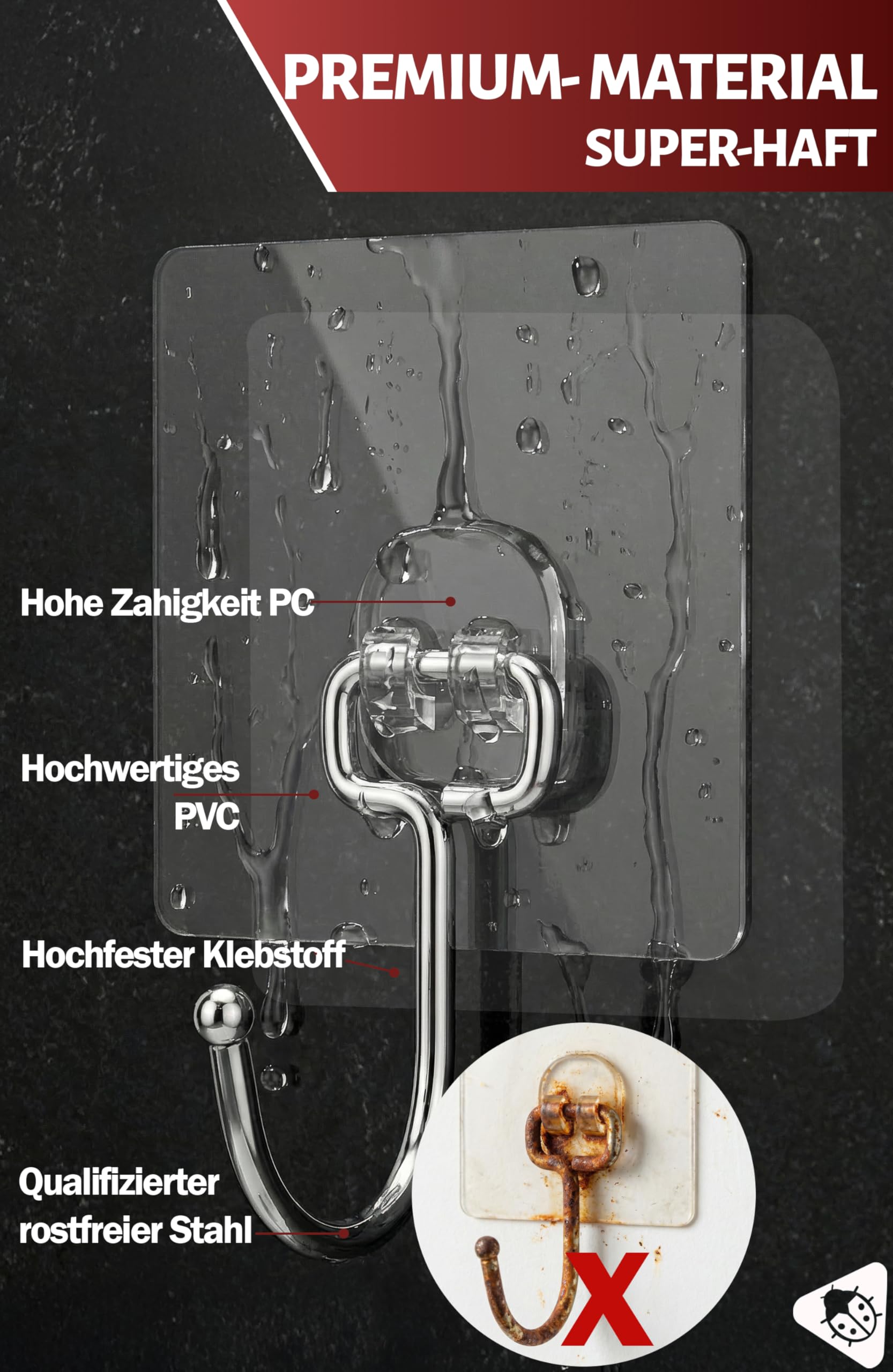 Menz Ganci adesivi extra forti – Set di 10 ganci autoadesivi trasparenti con portata di 15 kg ciascuno, ganci girevoli a 180°, supporti adesivi per cucina, bagno, decorazione