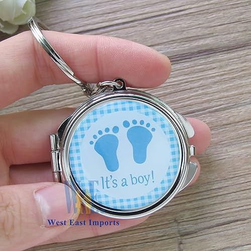 Miniatura 4 de 12 piezas de llavero de espejo compacto para baby shower, diseño de huella azul para niño, idea de regalo