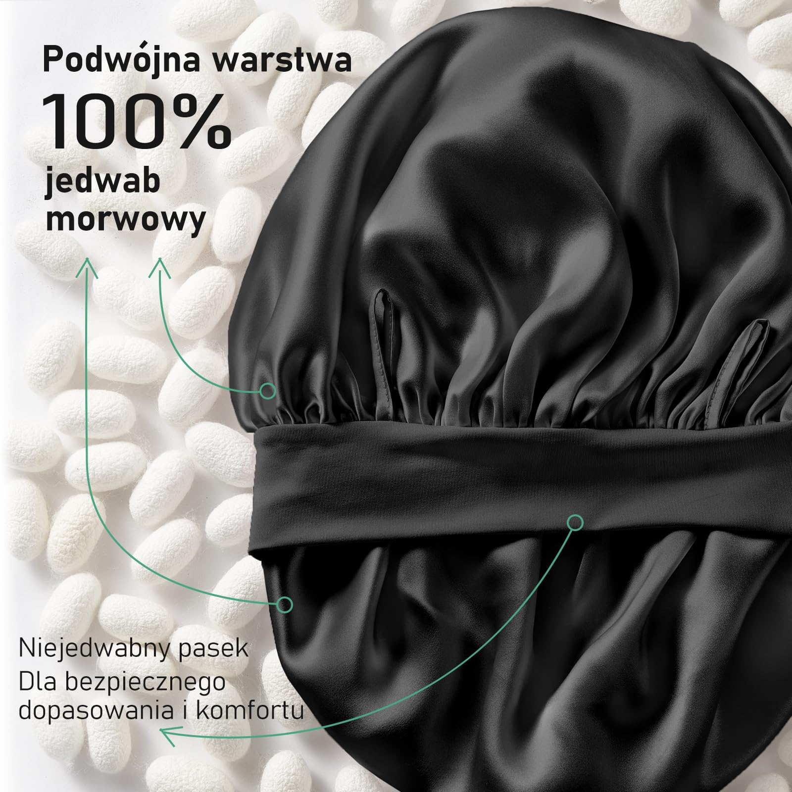 LitBear Śpiwór do spania ze 100% jedwabiu morwowego dla kobiet, 6A, 22 momme, duży, dwuwarstwowy czepek z prawdziwego jedwabiu z tasiemką do wiązania, antypoślizgowy jedwabny turban z jedwabną gumką