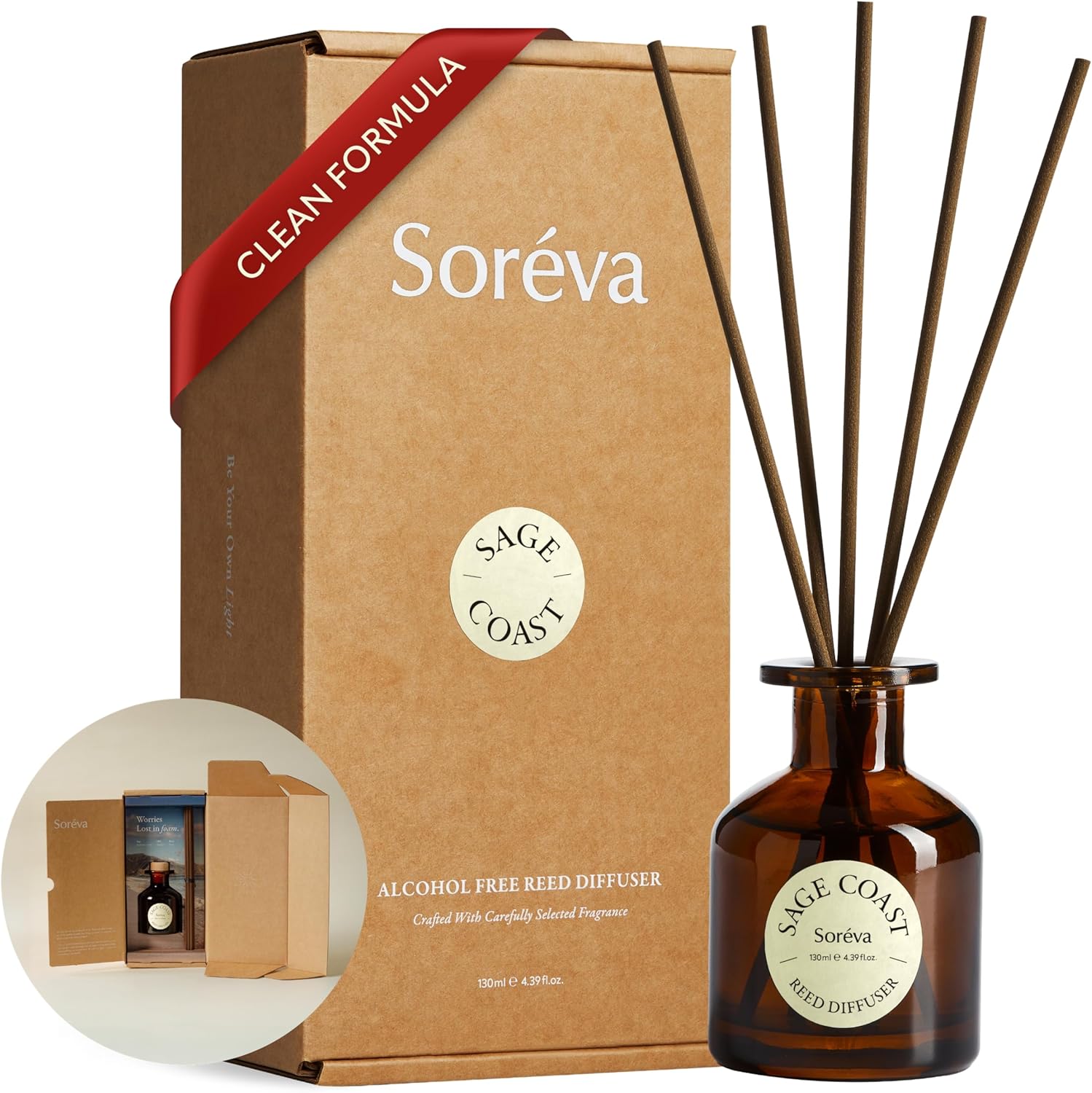 Soréva Luxury Reed Diffuser Set, Relaxing Sage and Sea Salt, Alcohol-Free Botanical Essential Oils, Long Lasting Aromatherapy Home Fragrance for Bedroom & Office, Gift Set with 7 Sticks, 4.39 fl oz