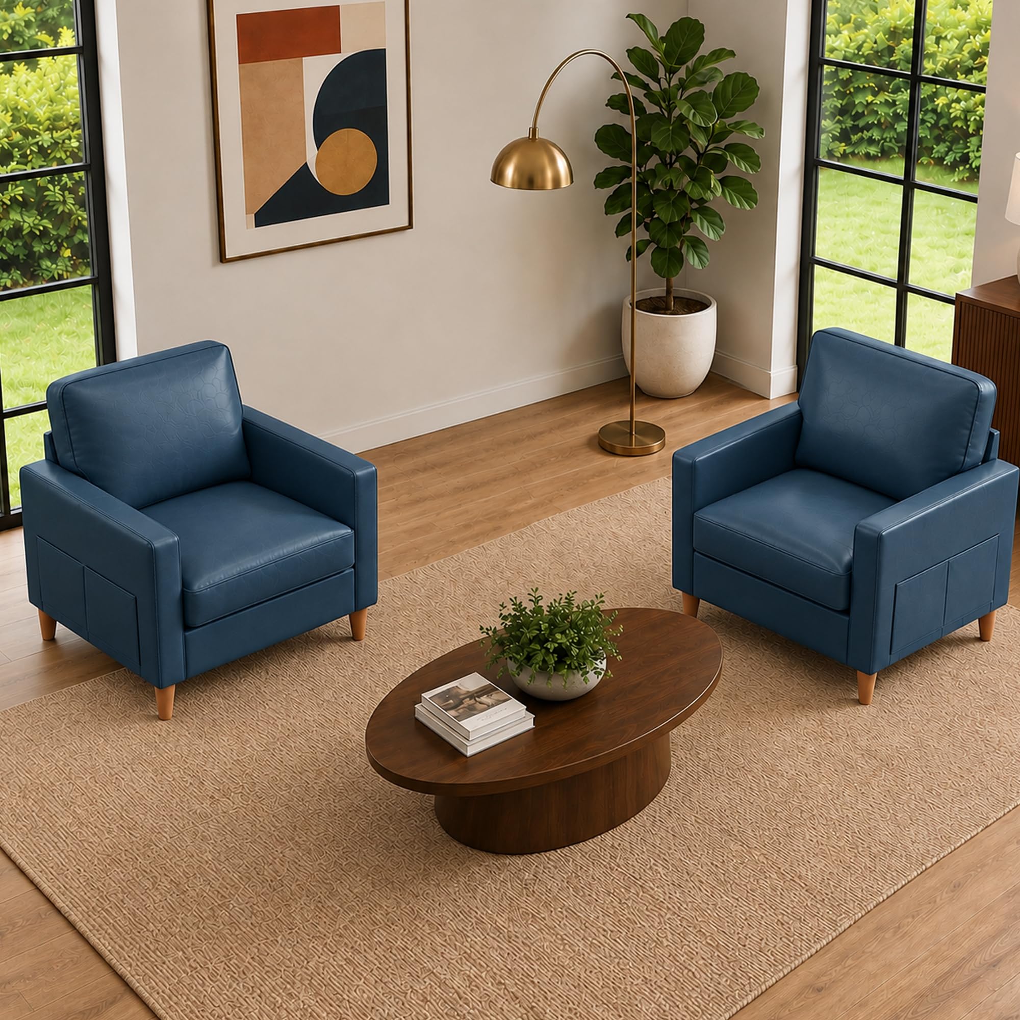 Accent Chair Set of 2, Living Room Chairs, Faux Leather Reading Armchair