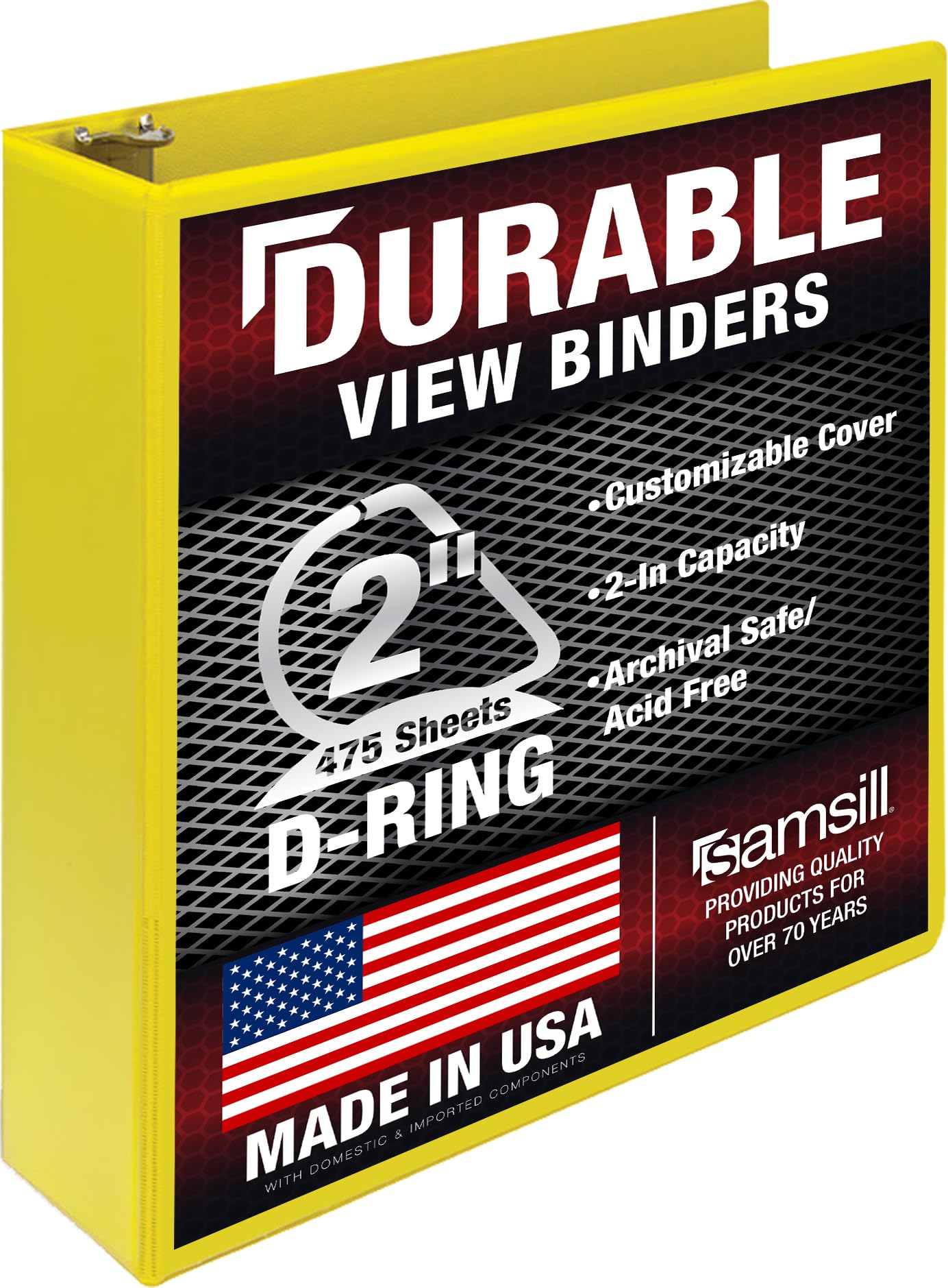 Samsill Durable 2 Inch Binder, D Ring Binder, Customizable Clear View Cover, Lemon Yellow, Holds 475 Pages
