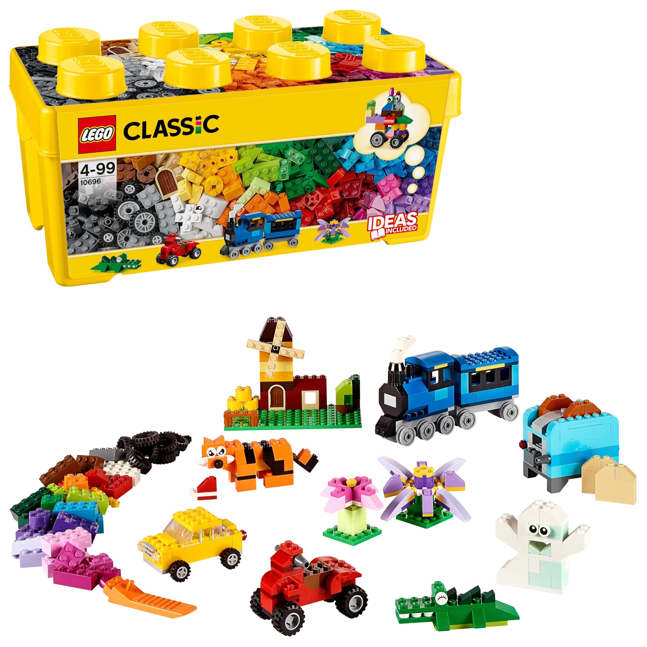 Children playing with LEGO Classic bricks, building various models on a carpet.