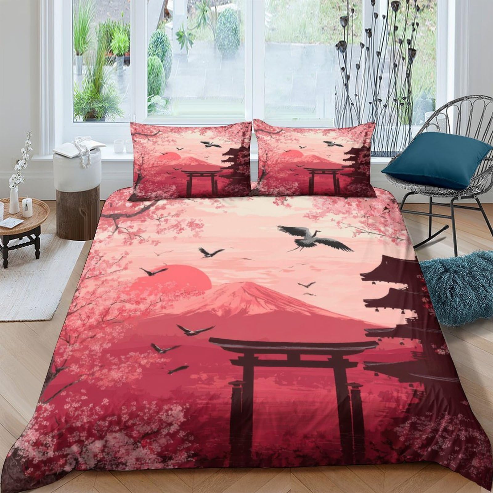 Ctjqhvkz Style-9 3D Printed Japanese Sunset Fitted Sheet Microfiber Soft Red Sakura Bird Bed Cover For Bedroom Guest Room Decor Single（135X200cm）