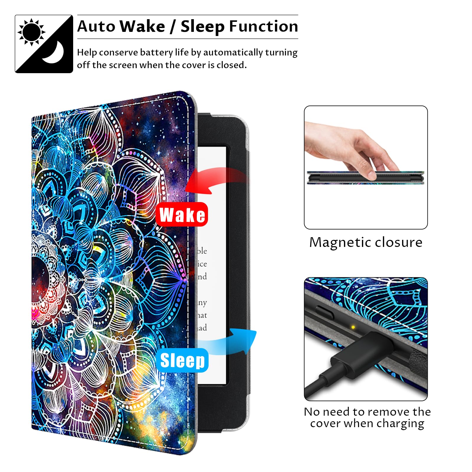 Vori - Custodia per Kindle Paperwhite (adatta a tutte le generazioni Paperwhite di 10a generazione 2018, con supporto e cinturino da polso Mandalas Galaxy