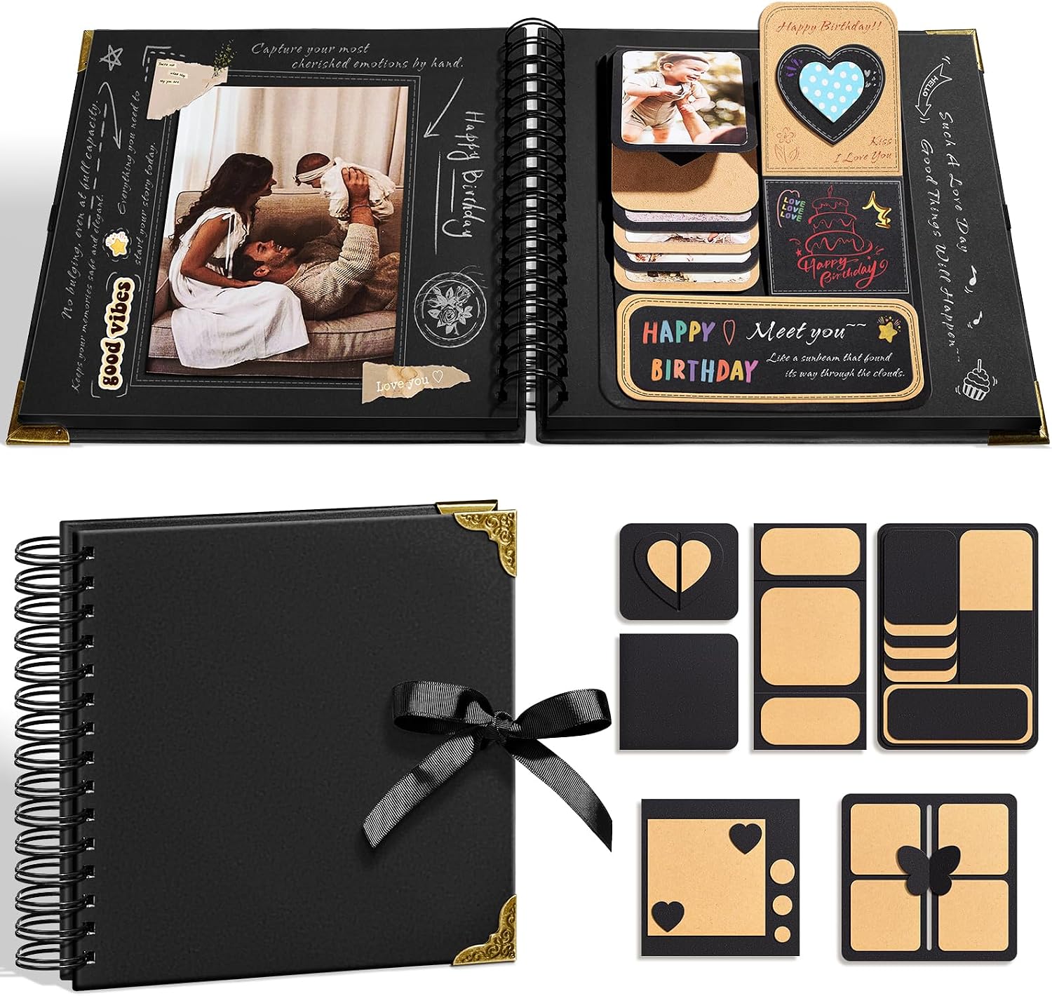 OVESMUSL 8x8 DIY Scrapbook Kit, Black, 40 Pages