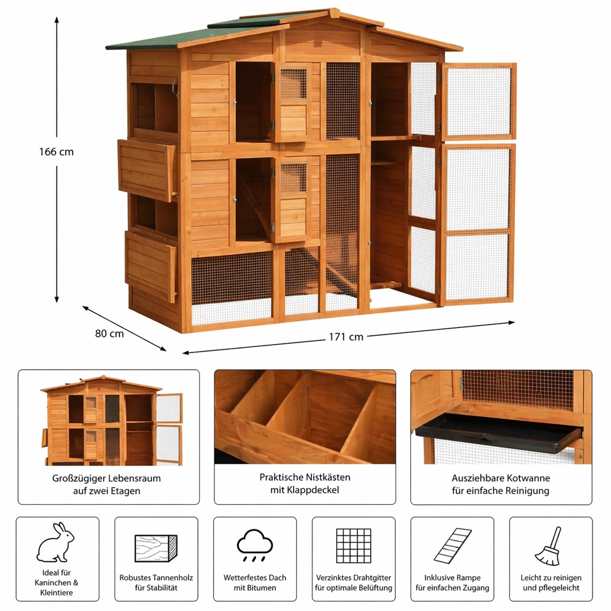Mucola Hasenstall mit Freilaufgehege 171x80x166 cm Kleintiergehege Holz inklusive 2 Rampen Kleintierhaus Hühnerstall 2 Nestboxen (4 Nistplätze) Hühnervoliere