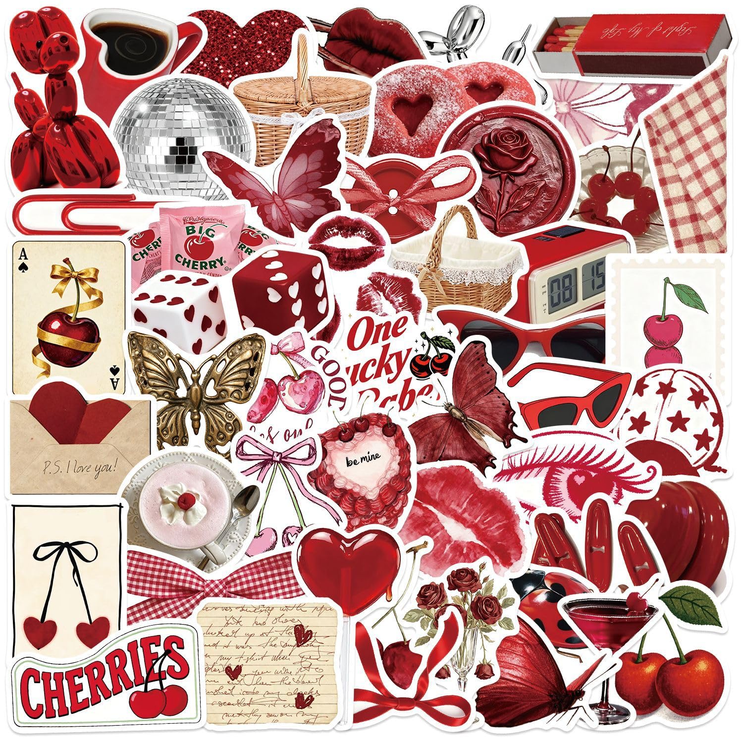 50 Pieces Y2k Cherry Girl Stickers for Water Bottle, Red
