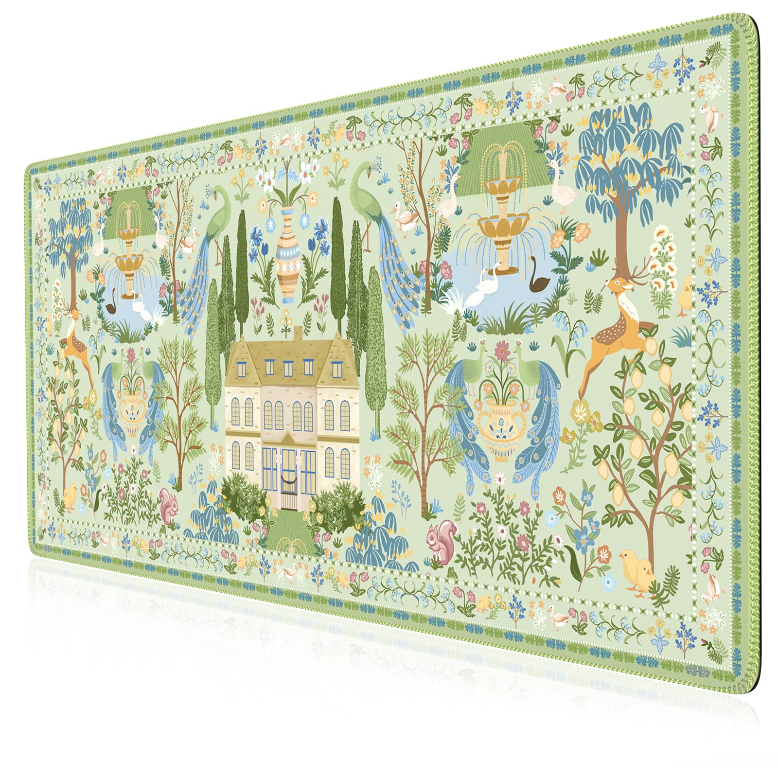 Anyshock Large Floral Desk Mat, Stitched Edges Cute Desk Mat, Non-Slip Mouse Pads for Desk for Women, Smooth Mouse Pad Large, Soft Desk Pads for Office Home 35.4 x 15.7 Inches (Green)