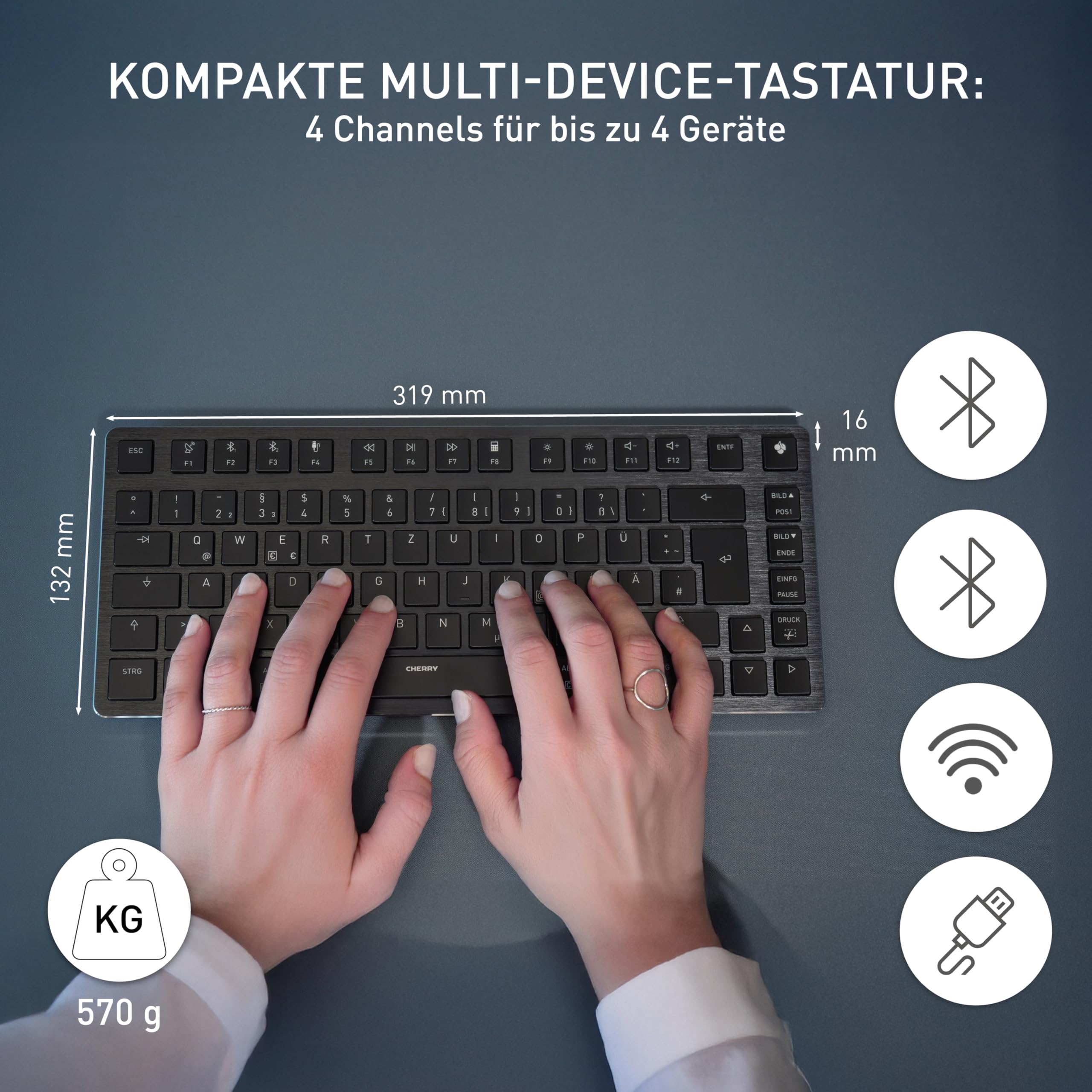 CHERRY KW X ULP 2.0 MINI, Ultra Flache Mechanische Kompakt-Tastatur, US-Layout (QWERTY), Für Windows & Mac, Multi-Device-Funktion Für Bis Zu 4 Geräte, Schwarz