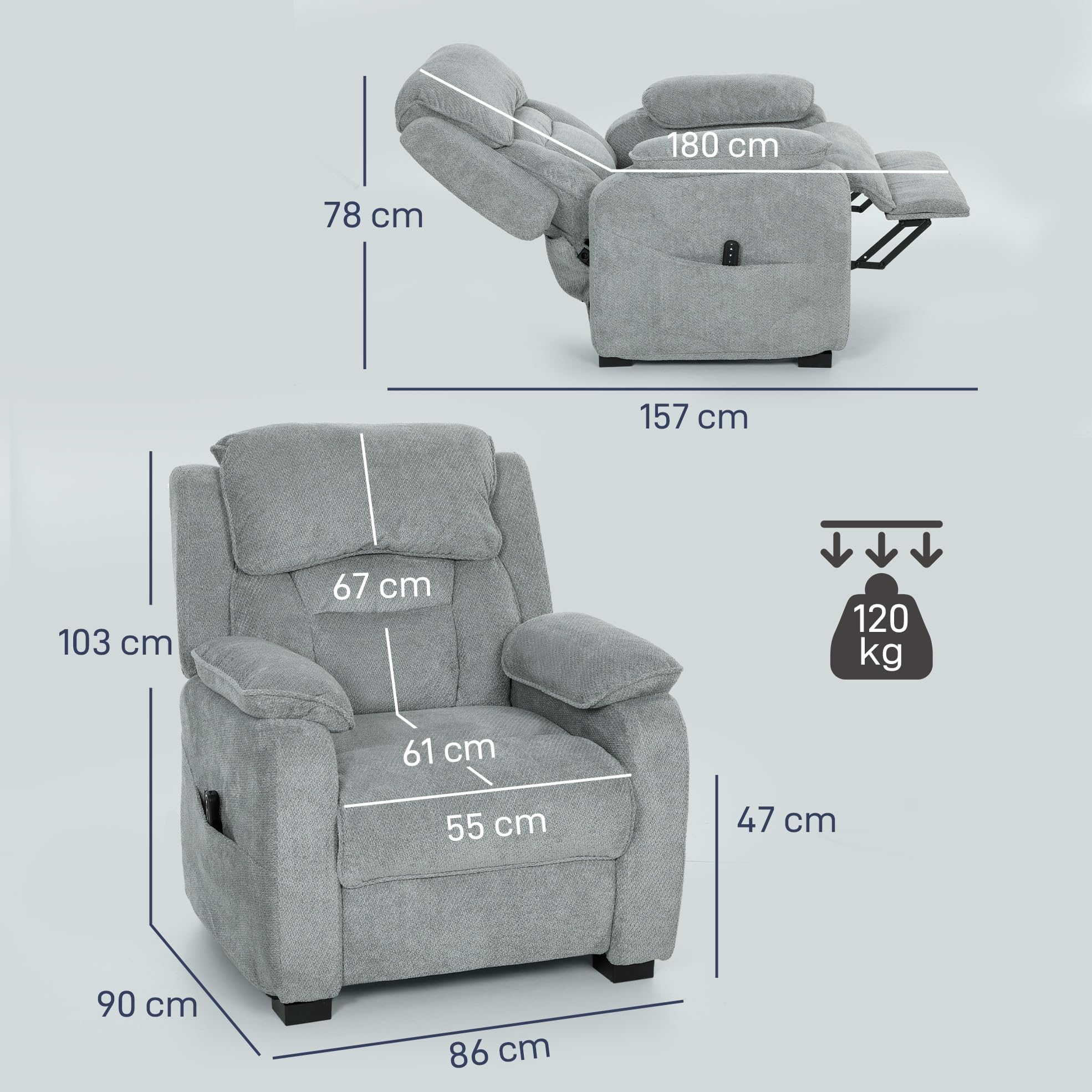 HOMCOM Sillón Relax Reclinable Eléctrico 2 Posiciones de Memoria Gris Claro
